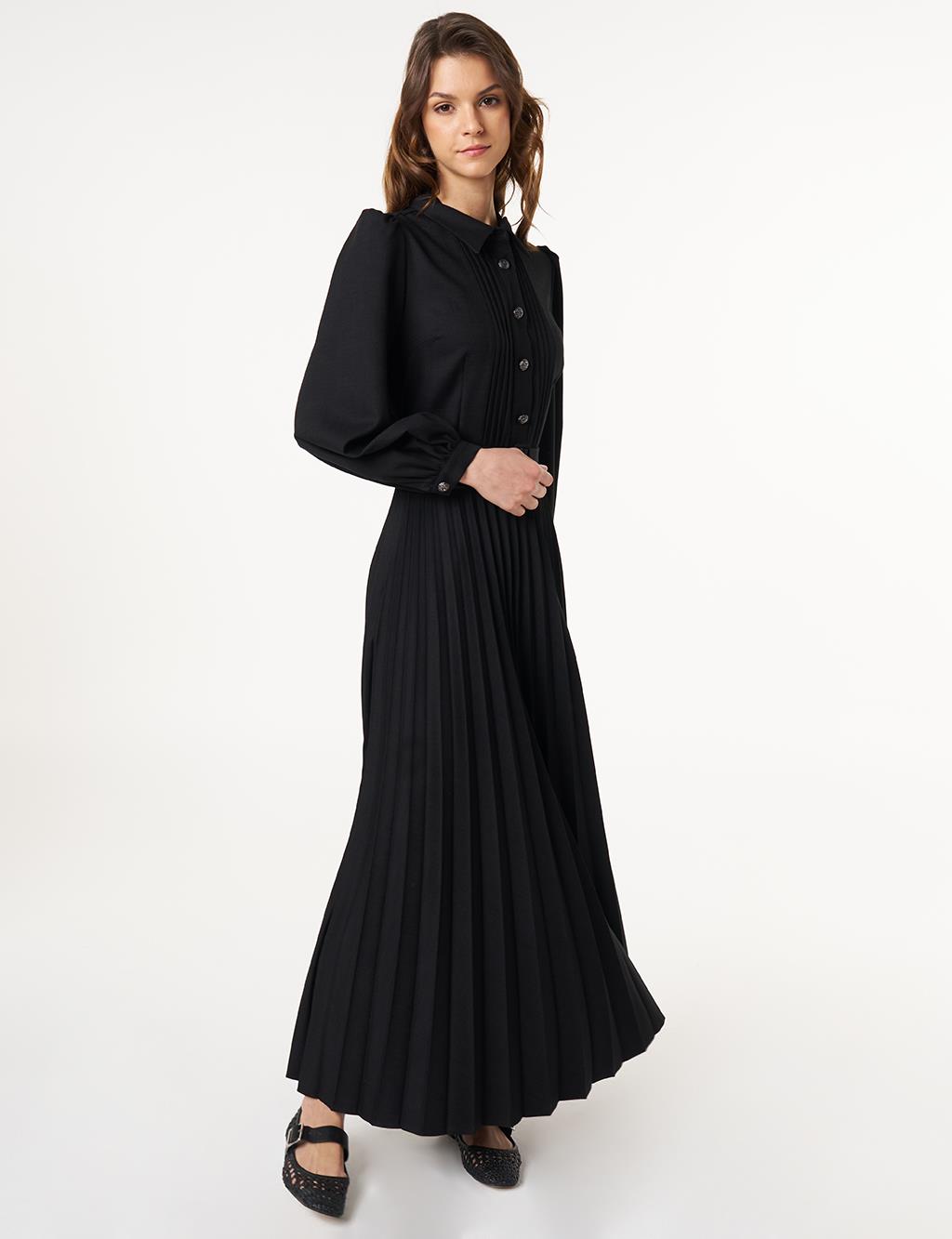 Button-Detail Pleated Dress Black