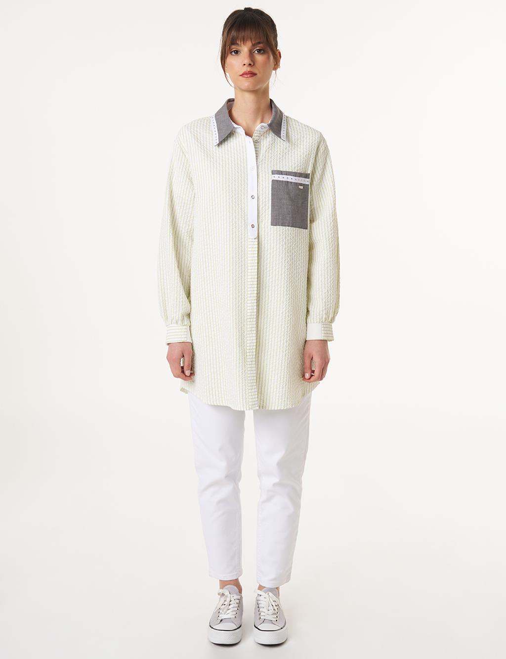 Denim Garnished Striped Patterned Tunic Pistachio Green