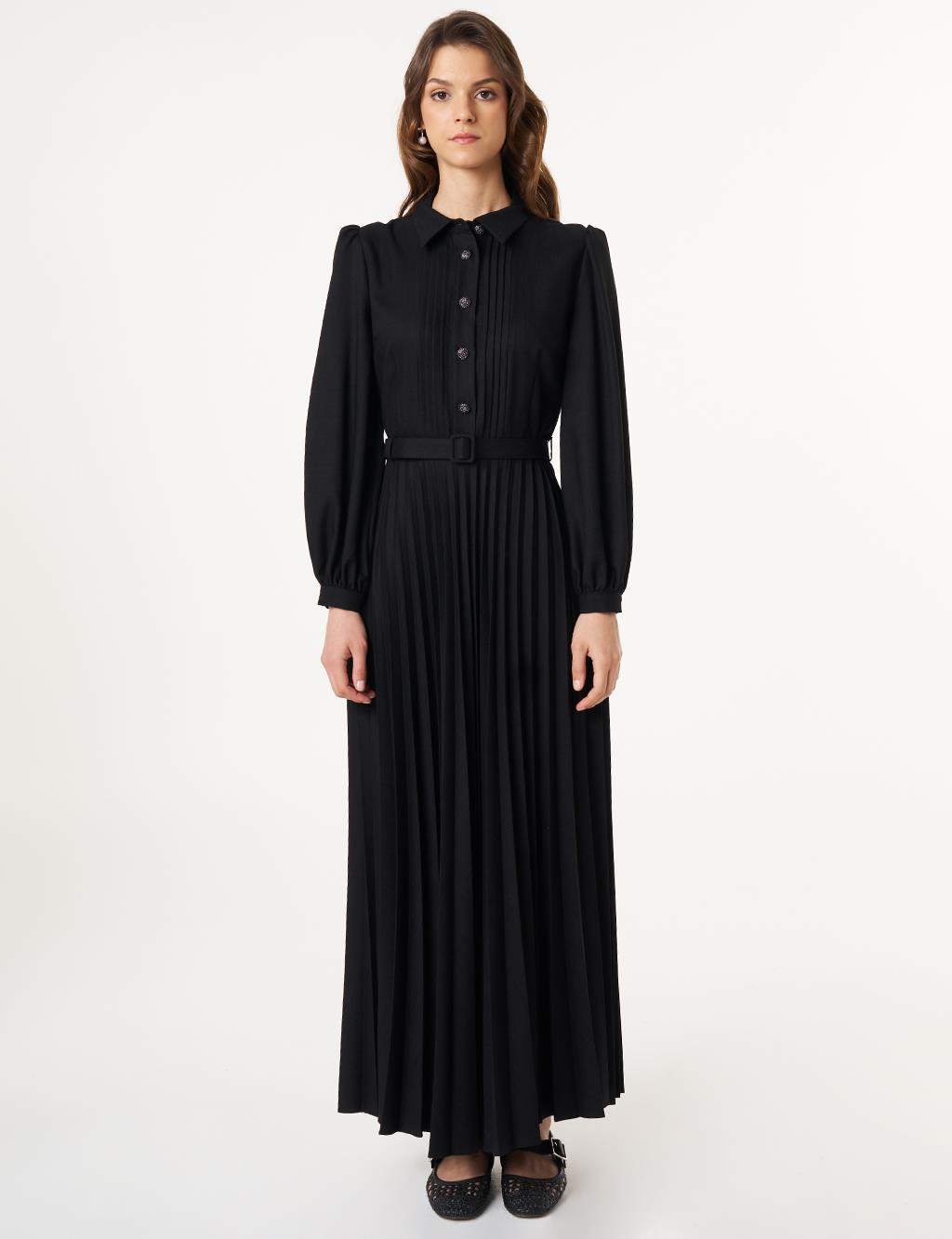 Button-Detail Pleated Dress Black