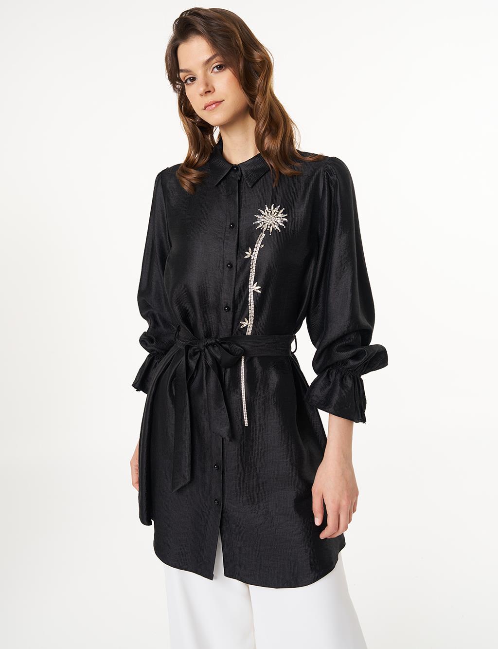 Stone Embroidered Belted Satin Tunic Black
