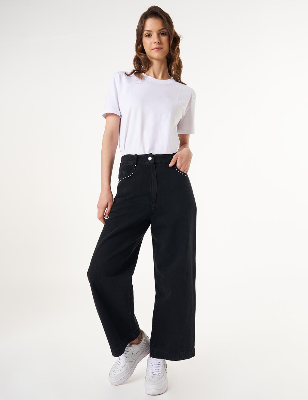 High Waist Marine Fit Denim Pants Black