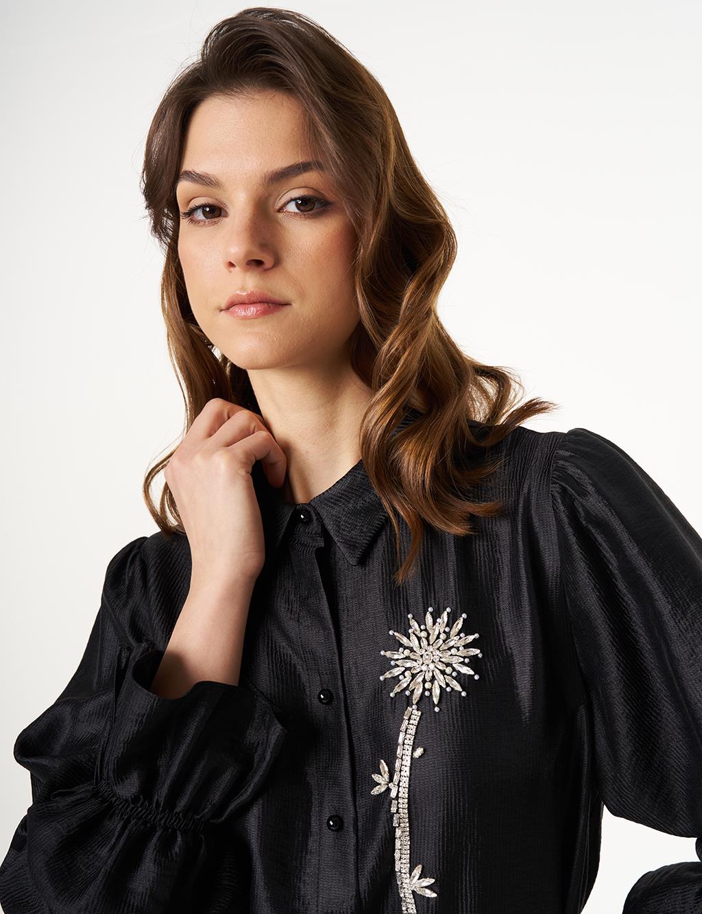 Stone Embroidered Belted Satin Tunic Black