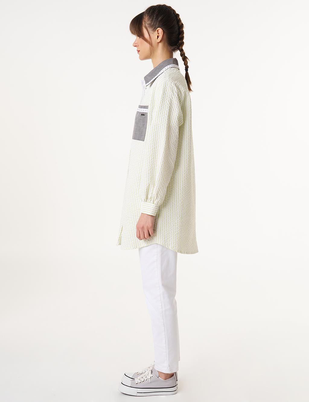 Denim Garnished Striped Patterned Tunic Pistachio Green