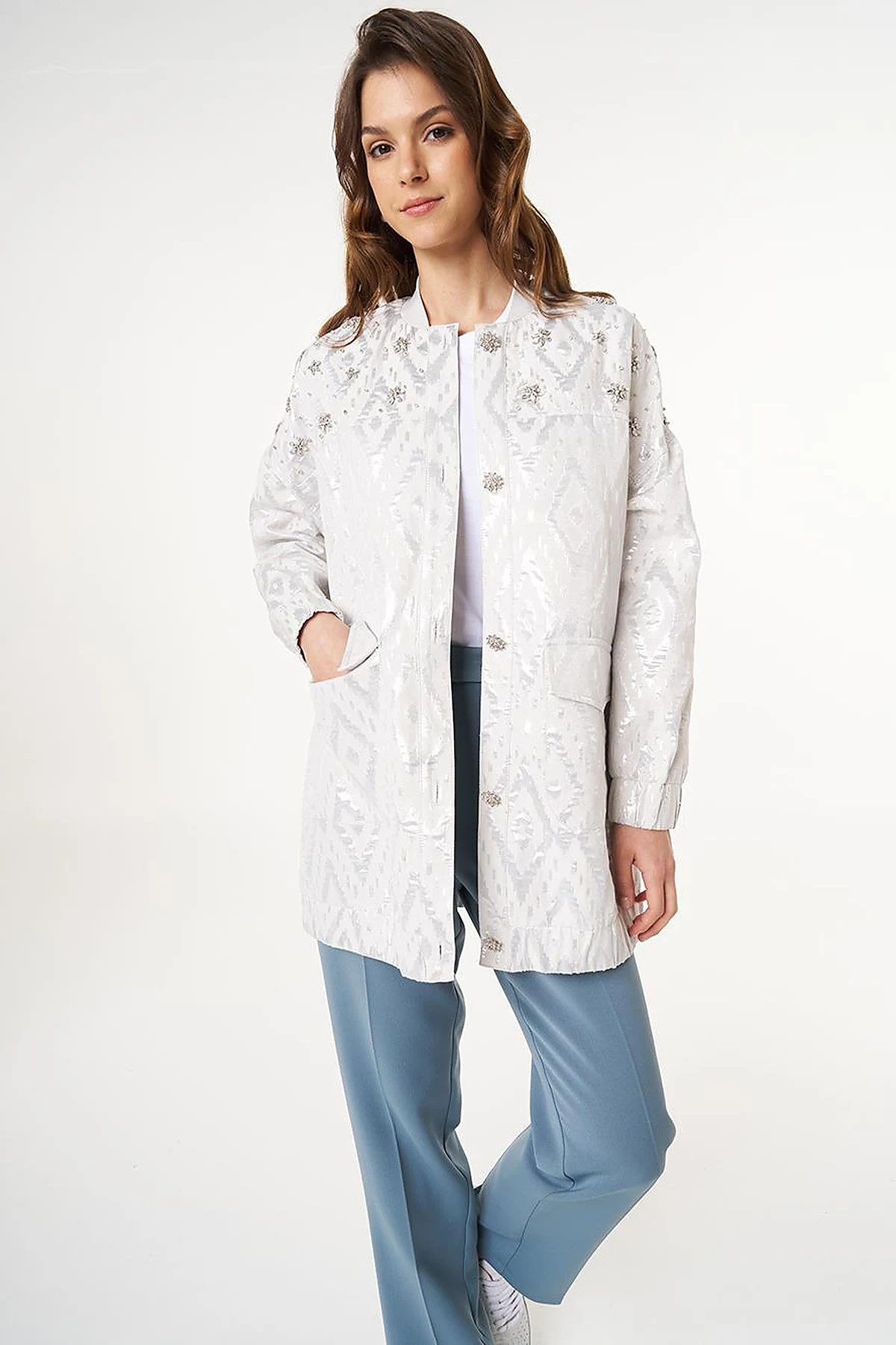 Lozenge Patterned Jacquard Jacket Gray