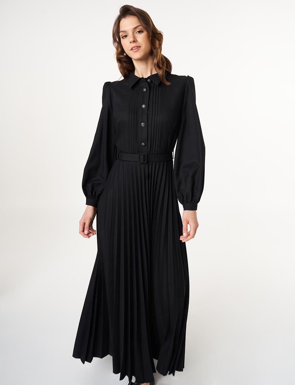Button-Detail Pleated Dress Black