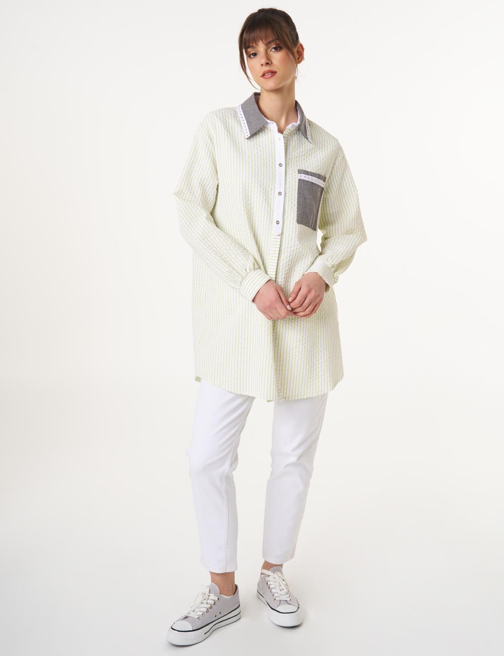Denim Garnished Striped Patterned Tunic Pistachio Green