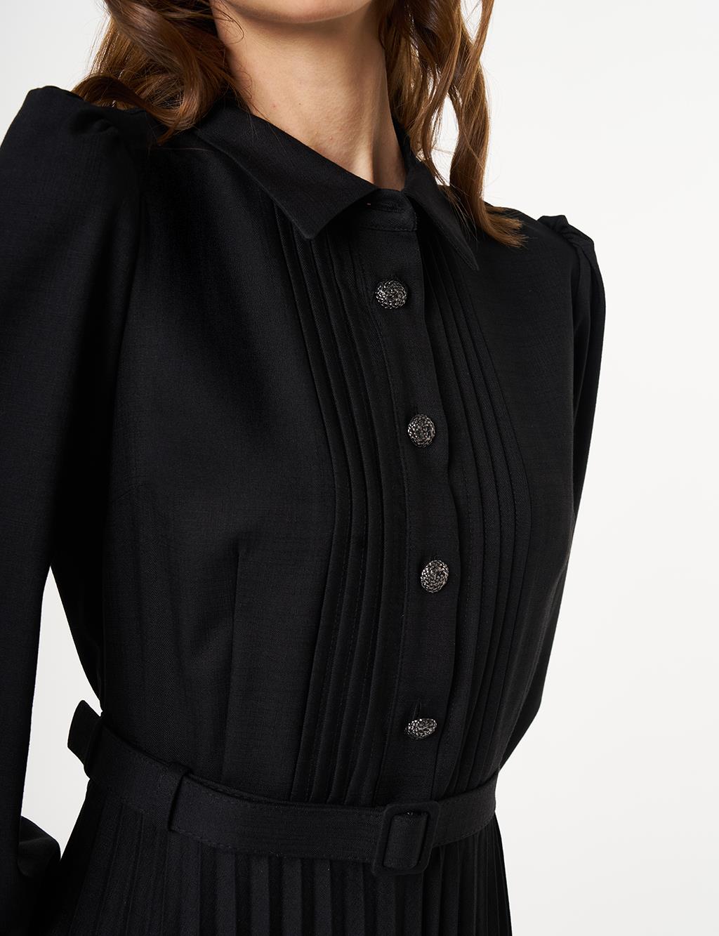 Button-Detail Pleated Dress Black
