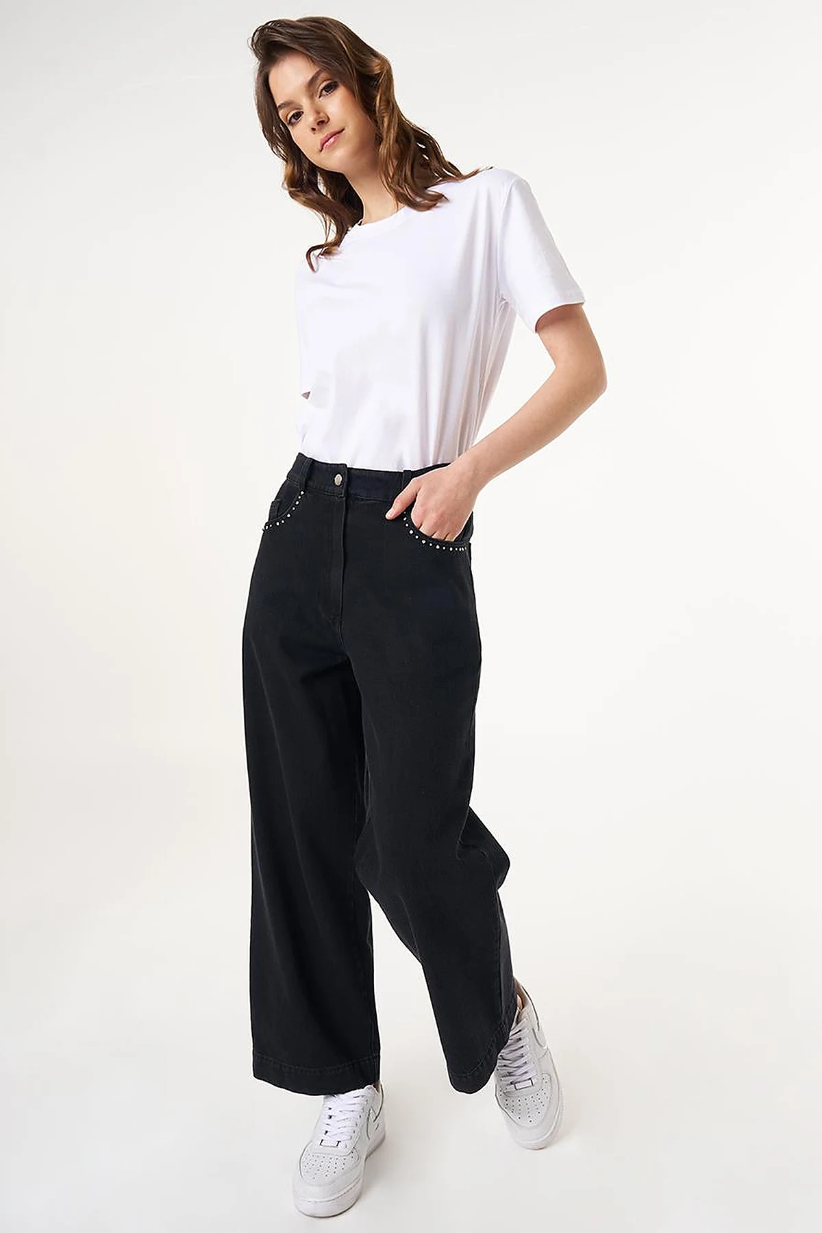 High Waist Marine Fit Denim Pants Black