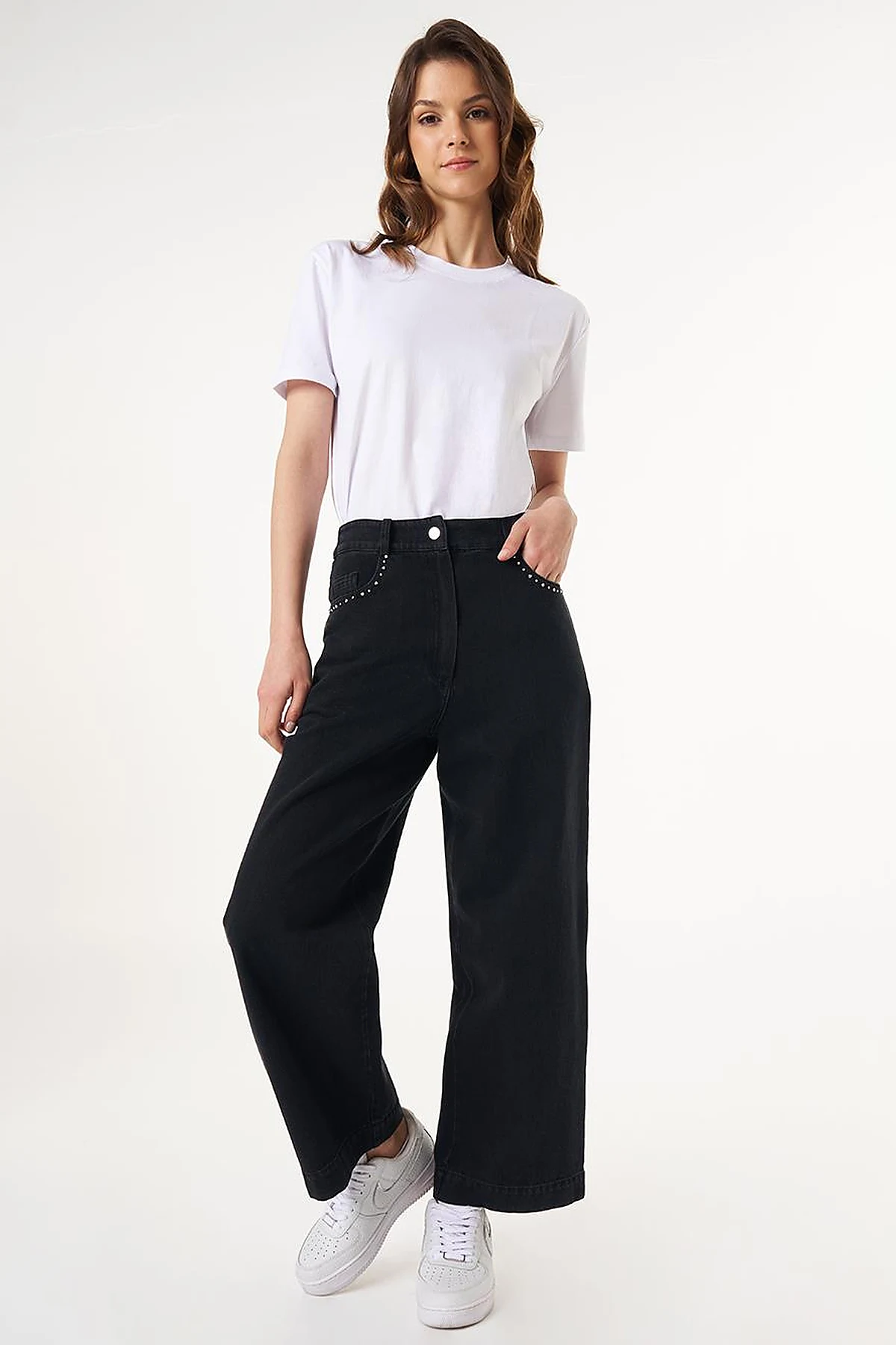 High Waist Marine Fit Denim Pants Black