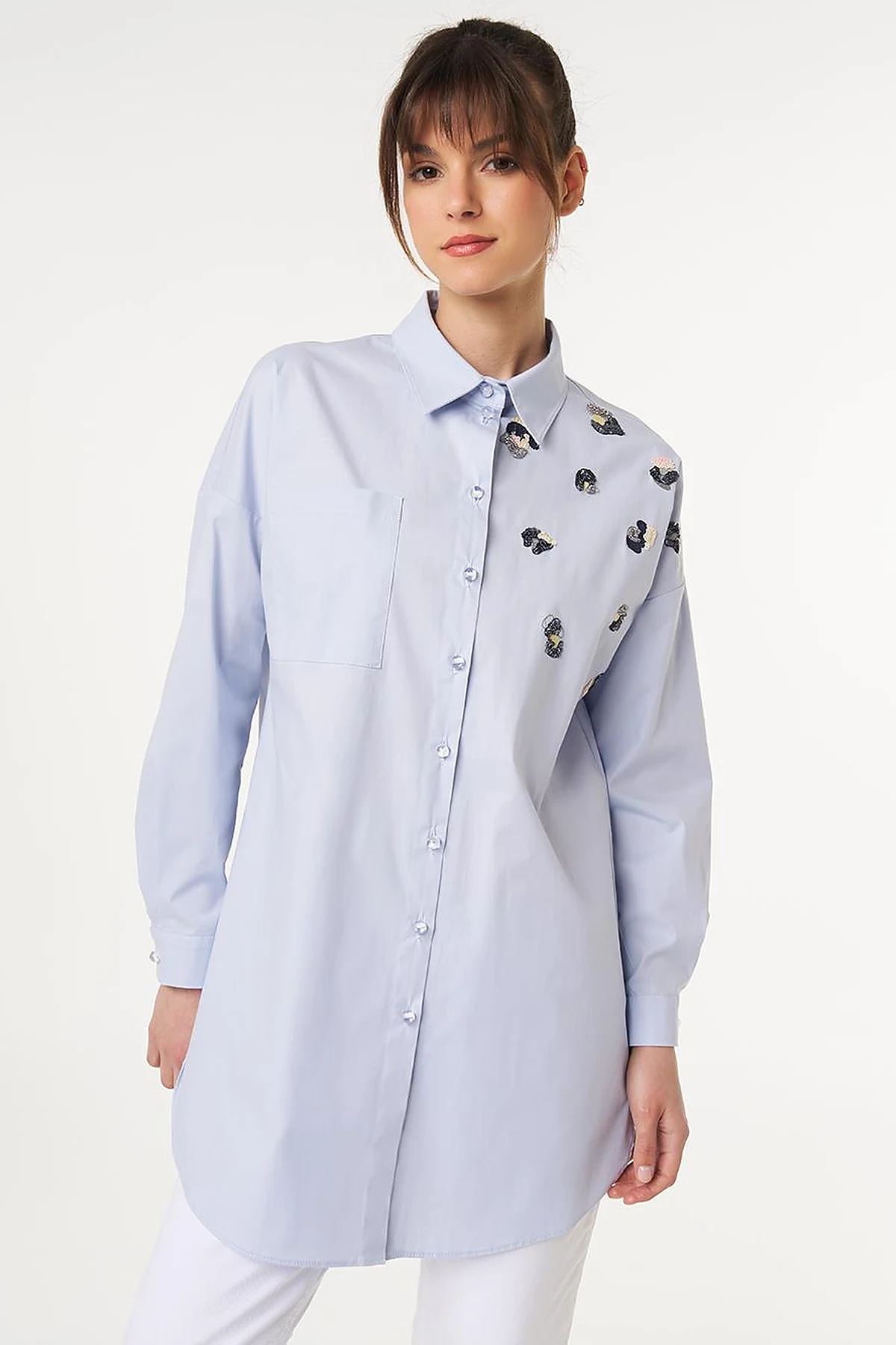 Sequin Embroidered Cotton Tunic Blue