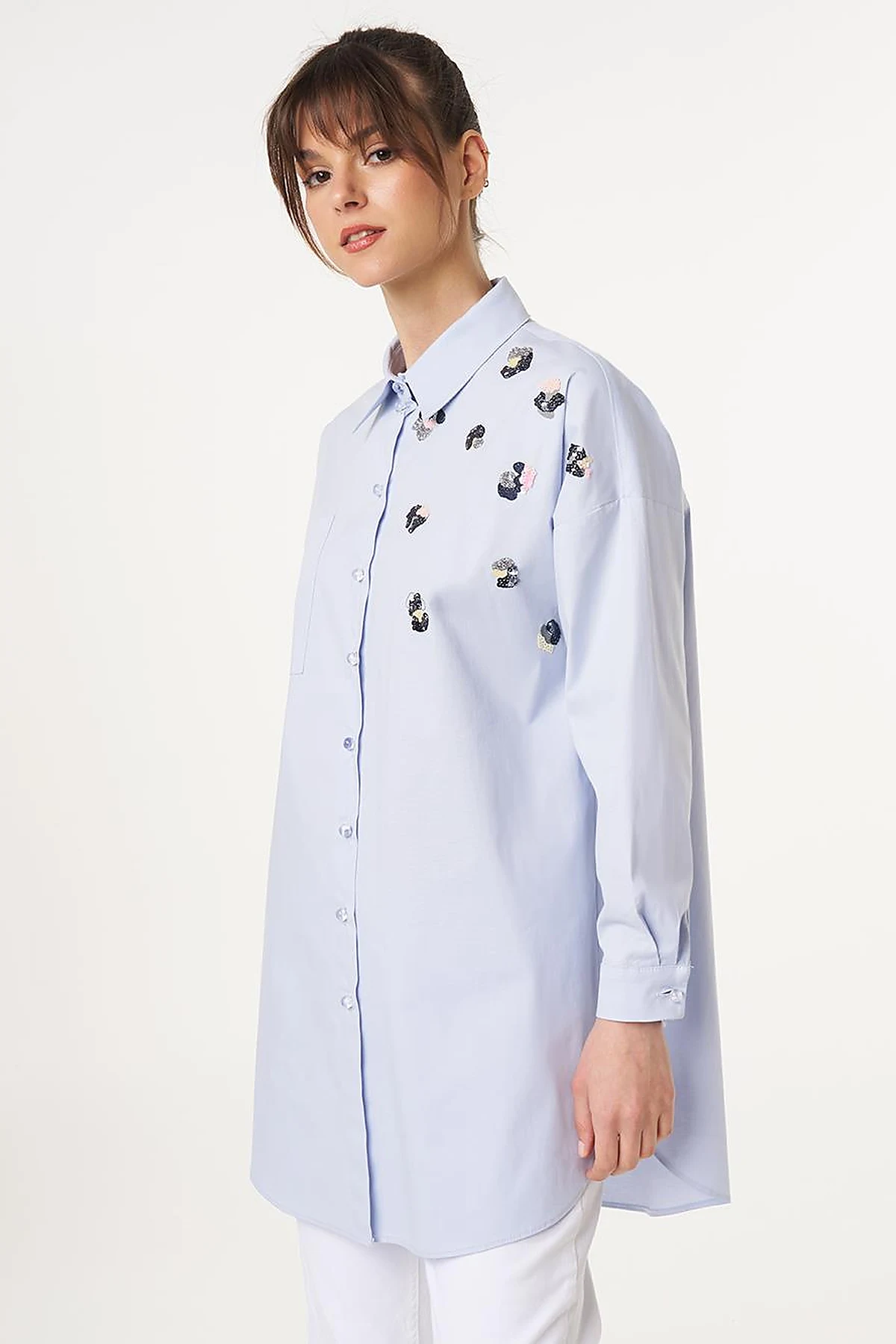 Sequin Embroidered Cotton Tunic Blue