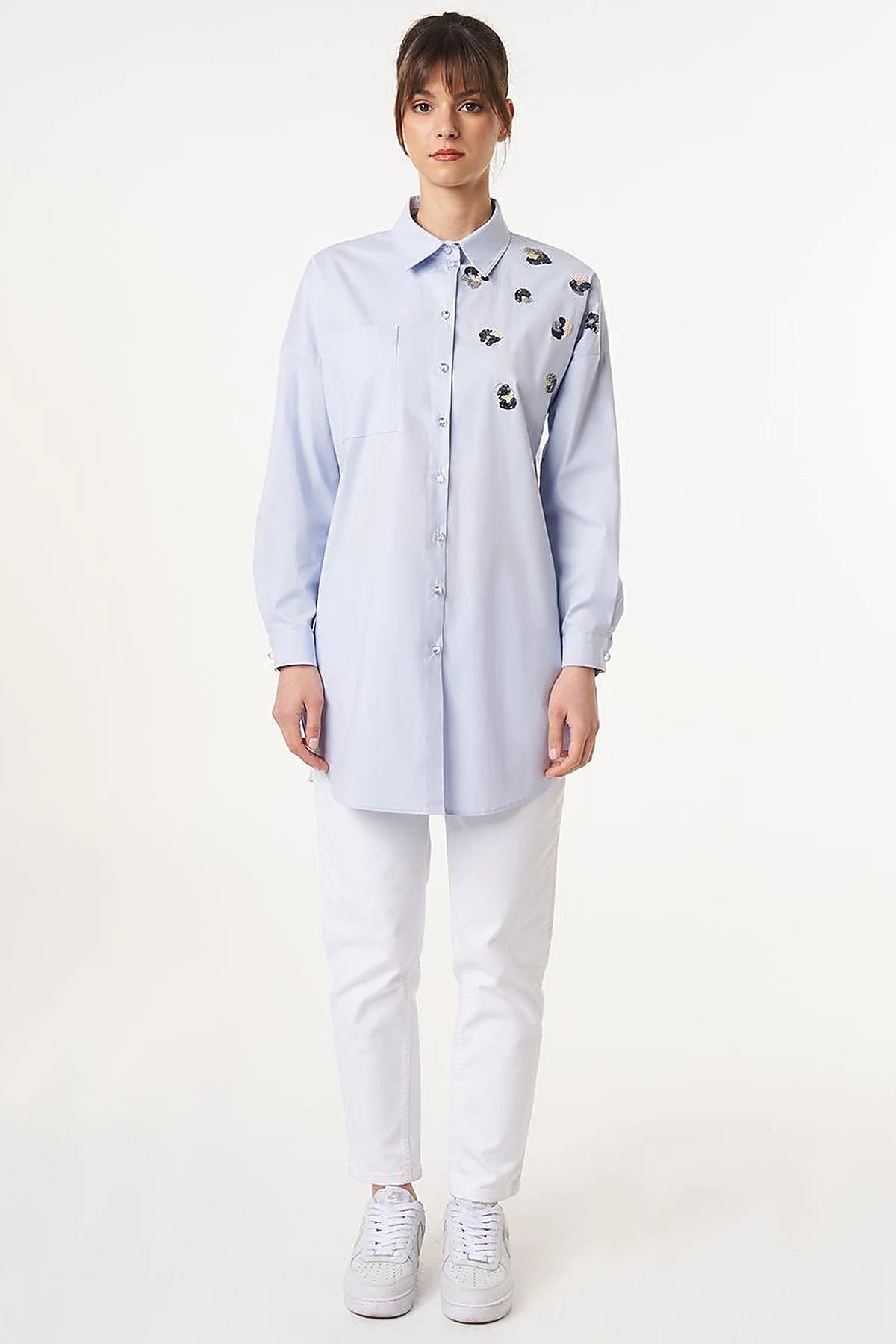 Sequin Embroidered Cotton Tunic Blue