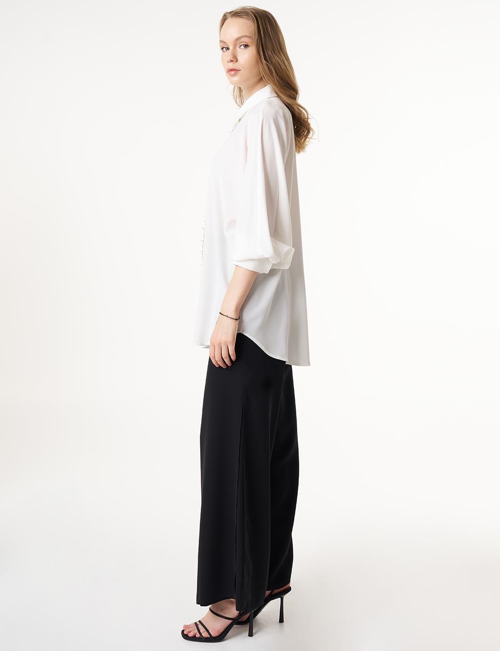 Placket Embroidered Shirt Collar Tunic Ecru
