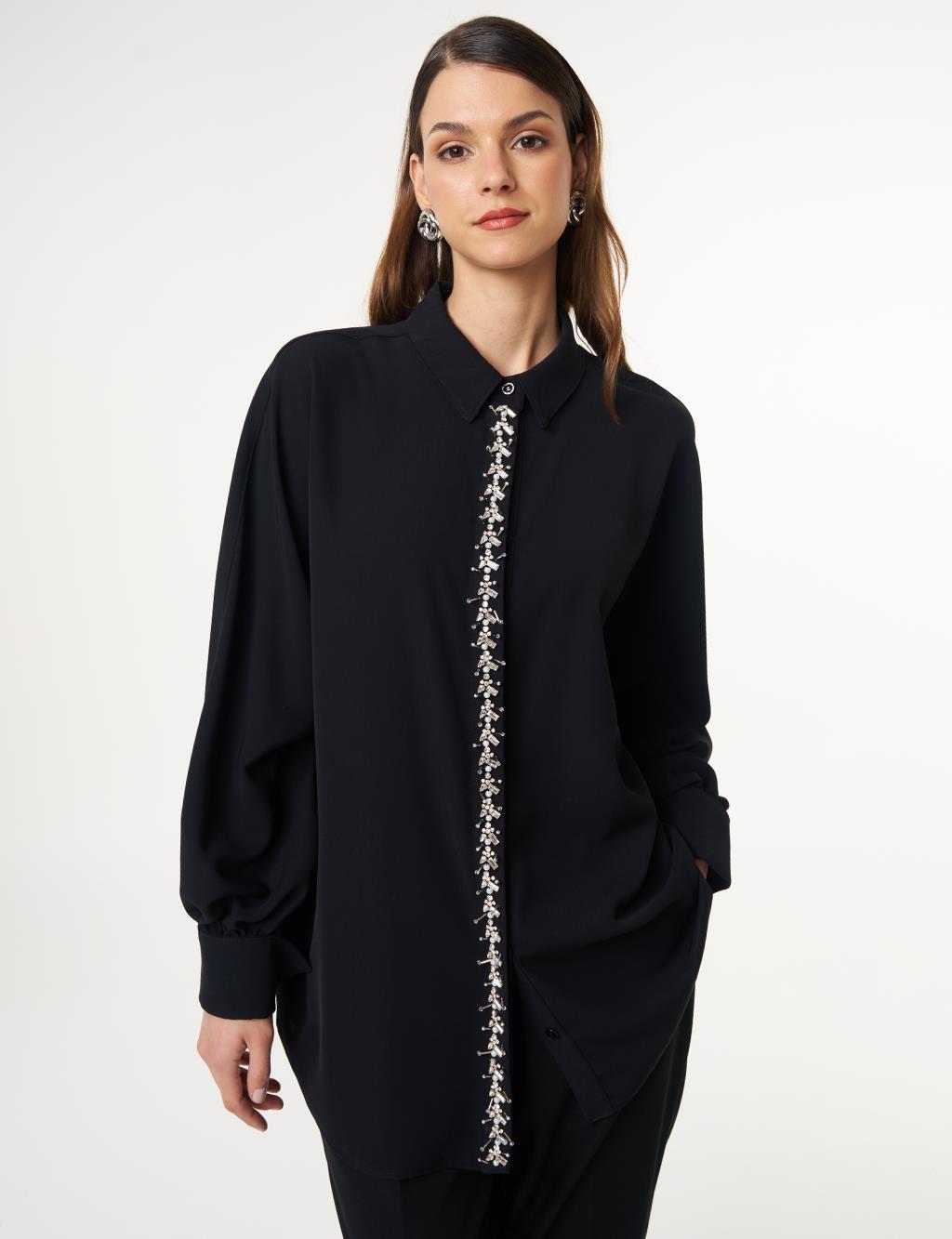 Placket Embroidered Shirt Collar Tunic Black
