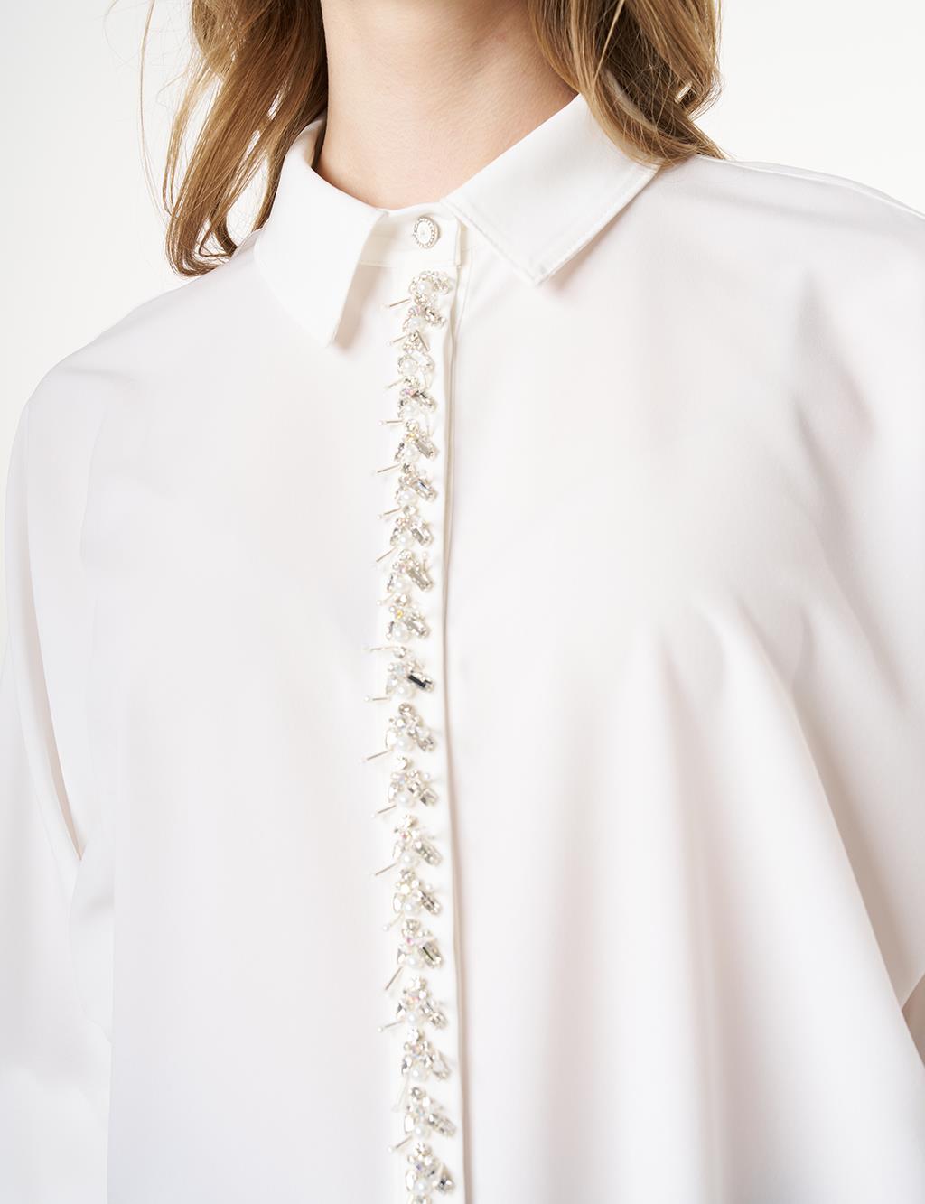 Placket Embroidered Shirt Collar Tunic Ecru