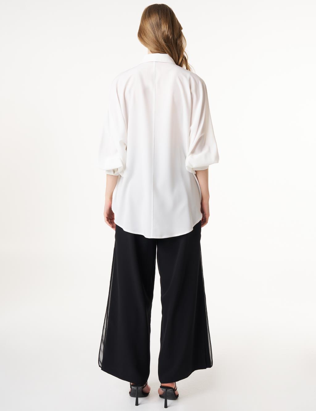 Placket Embroidered Shirt Collar Tunic Ecru