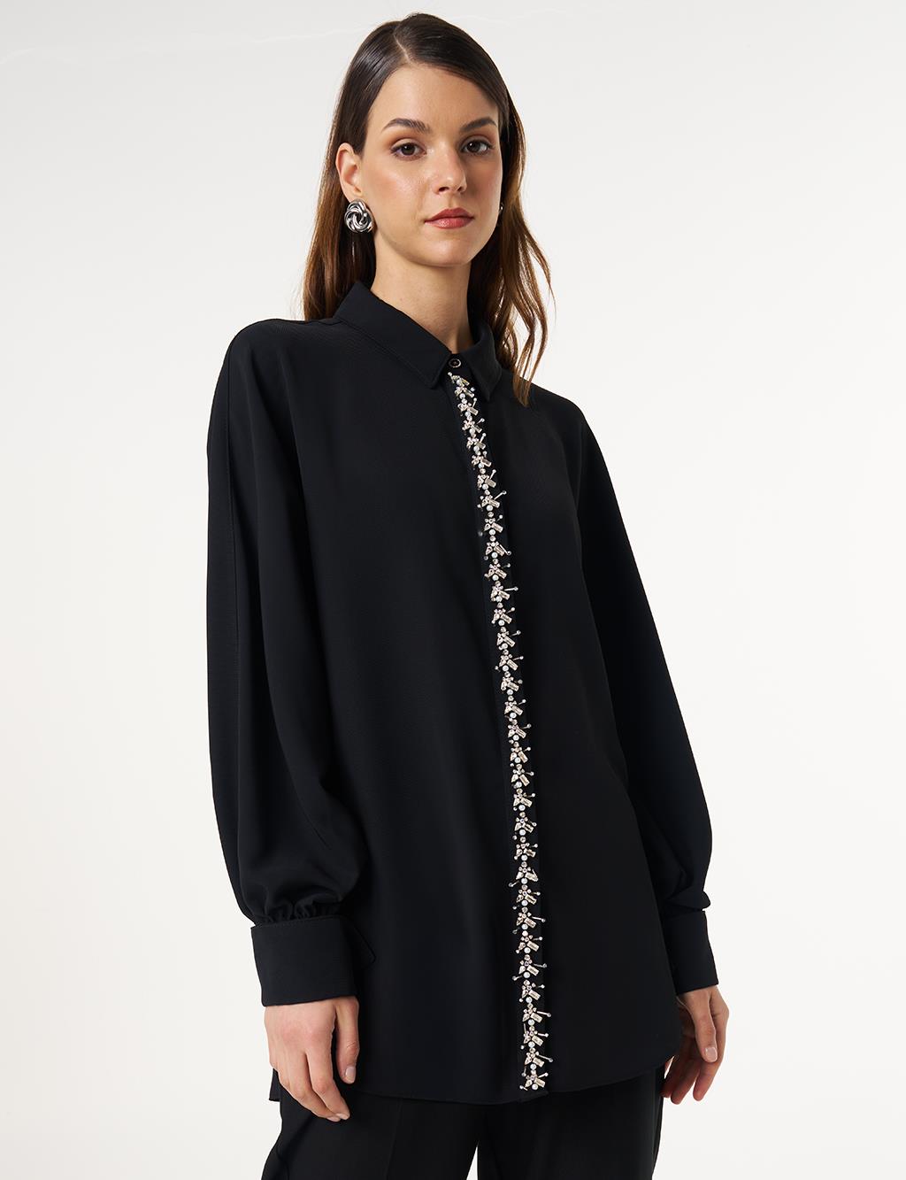 Placket Embroidered Shirt Collar Tunic Black