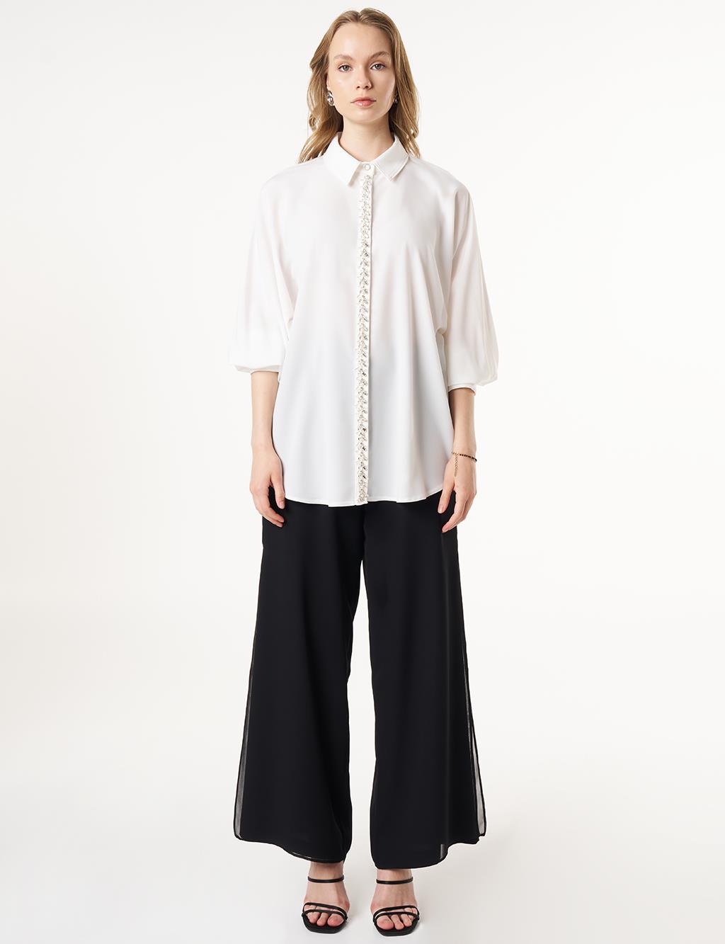 Placket Embroidered Shirt Collar Tunic Ecru