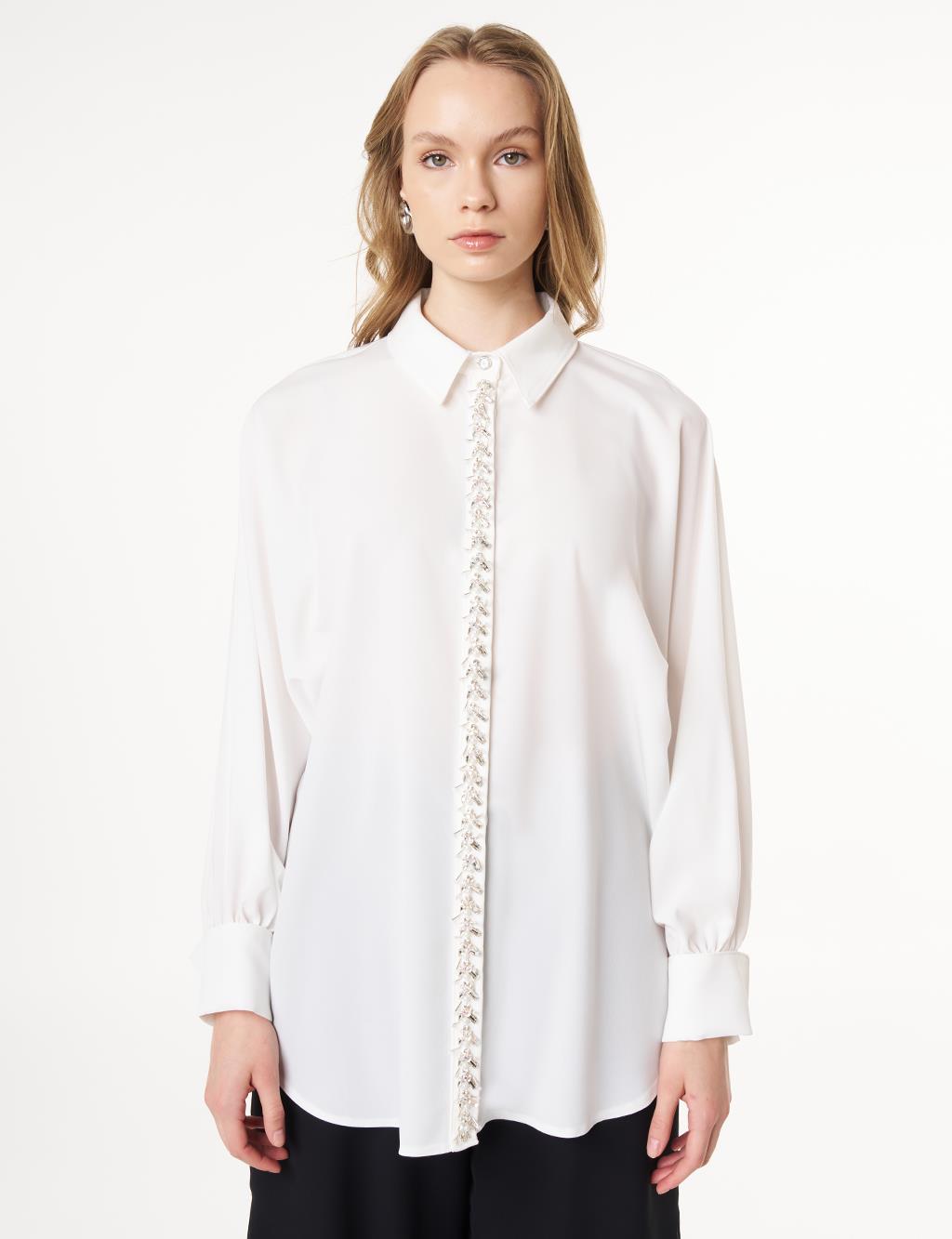 Placket Embroidered Shirt Collar Tunic Ecru