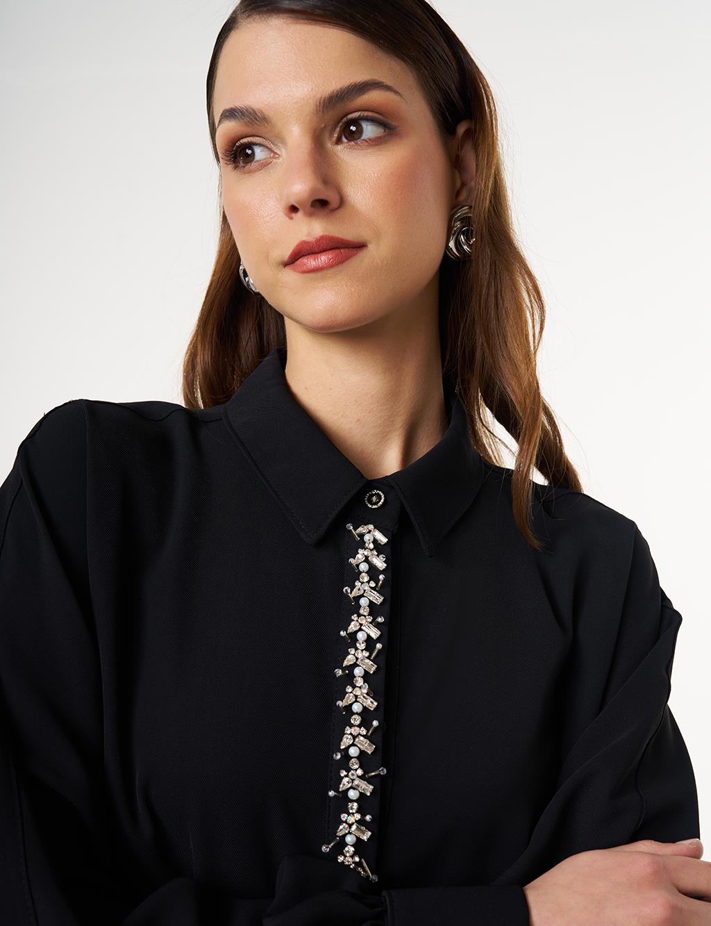 Placket Embroidered Shirt Collar Tunic Black