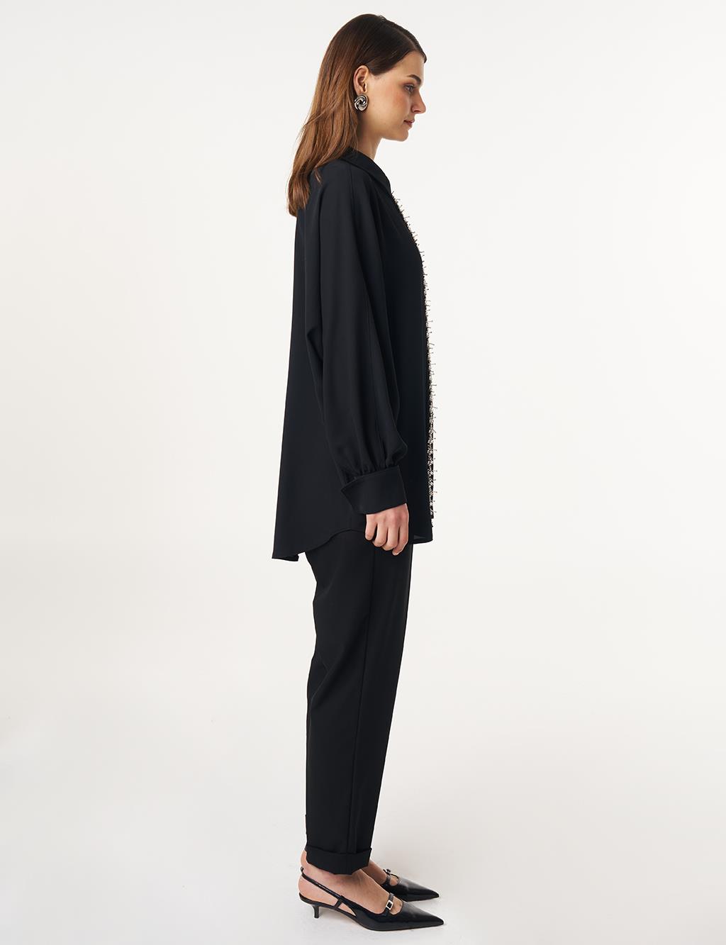 Placket Embroidered Shirt Collar Tunic Black