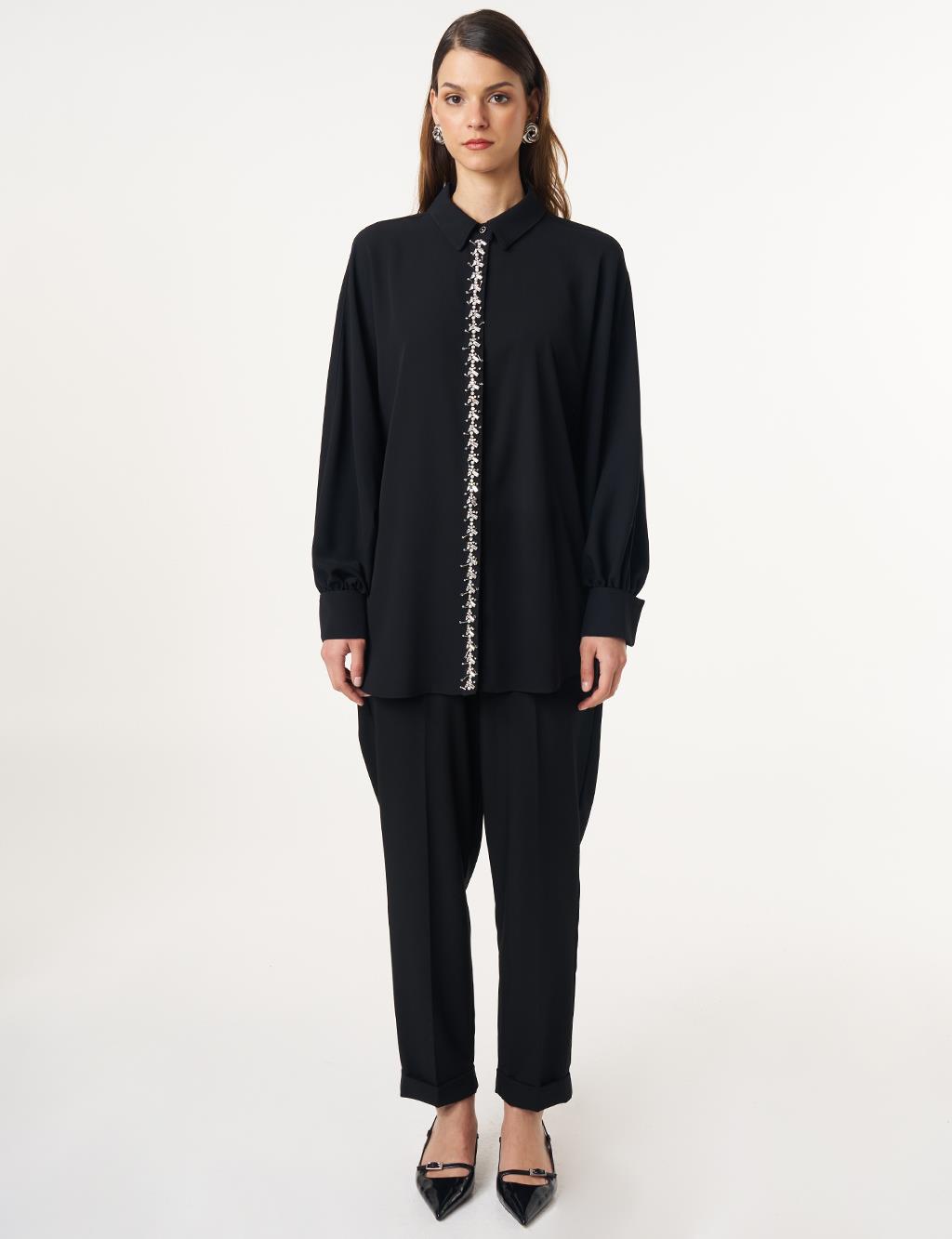 Placket Embroidered Shirt Collar Tunic Black