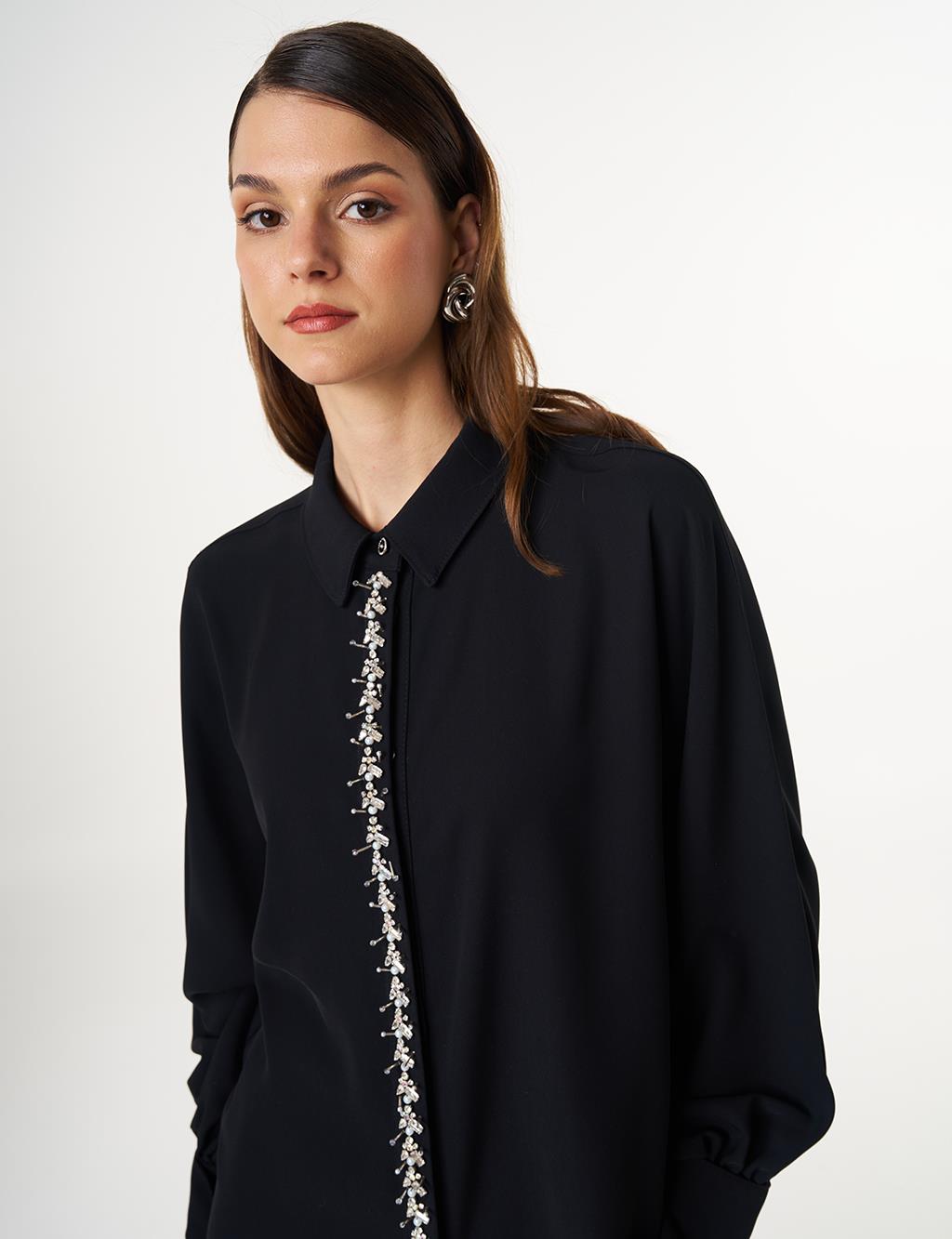 Placket Embroidered Shirt Collar Tunic Black