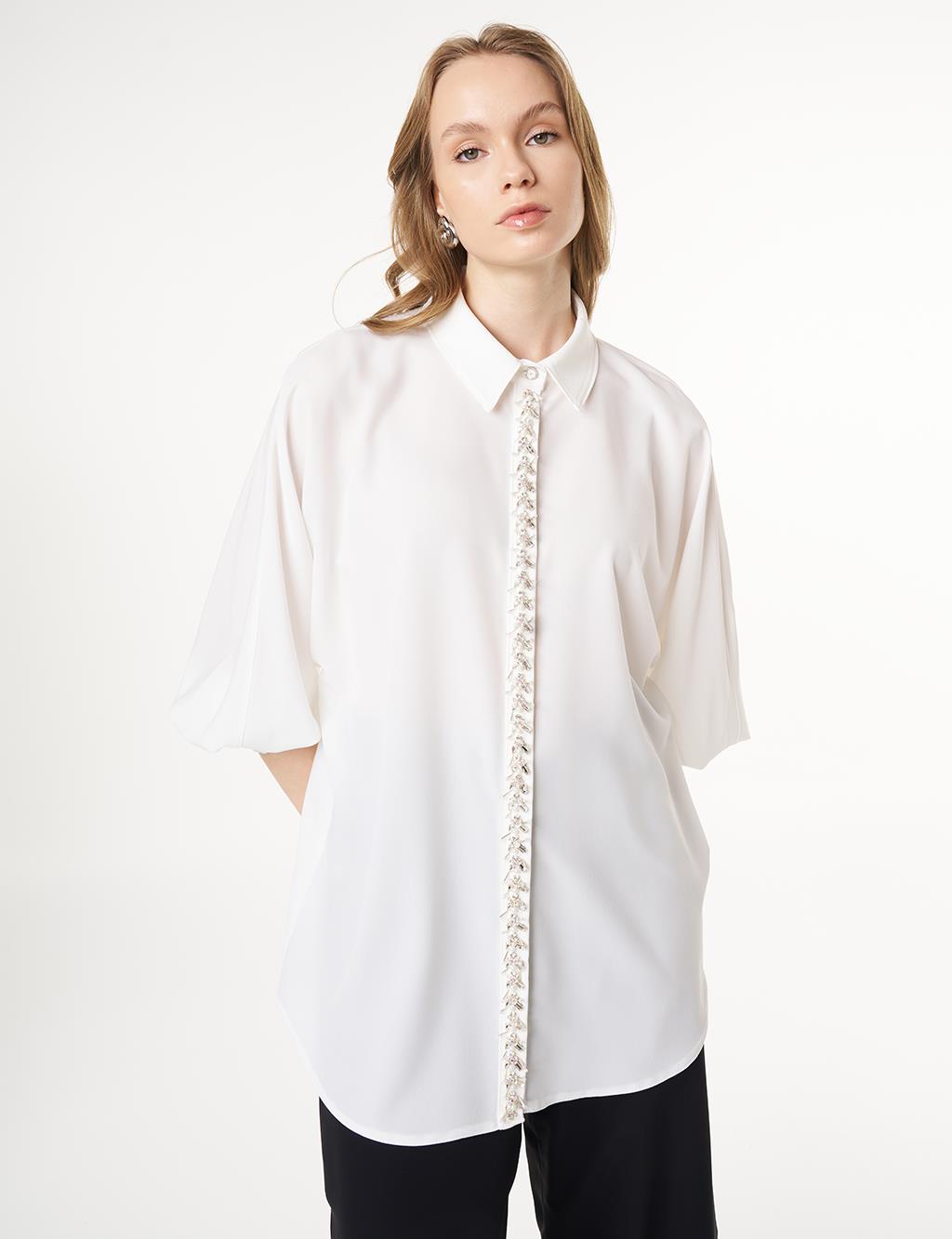 Placket Embroidered Shirt Collar Tunic Ecru