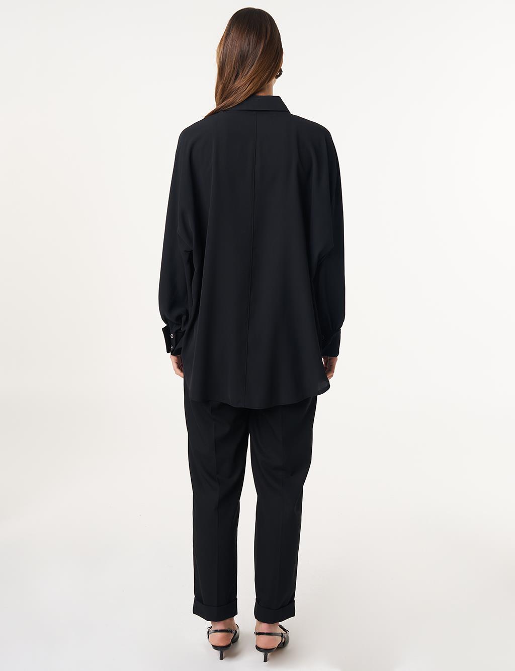 Placket Embroidered Shirt Collar Tunic Black