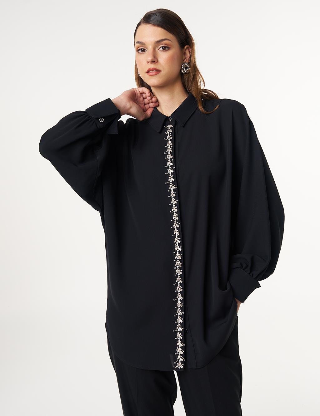 Placket Embroidered Shirt Collar Tunic Black