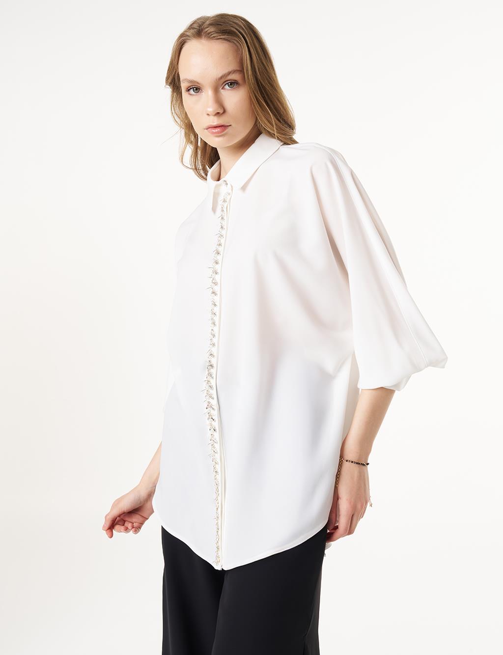 Placket Embroidered Shirt Collar Tunic Ecru