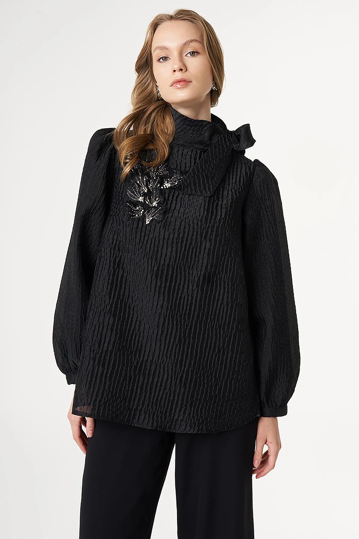 Embroidered Jacquard Blouse Black