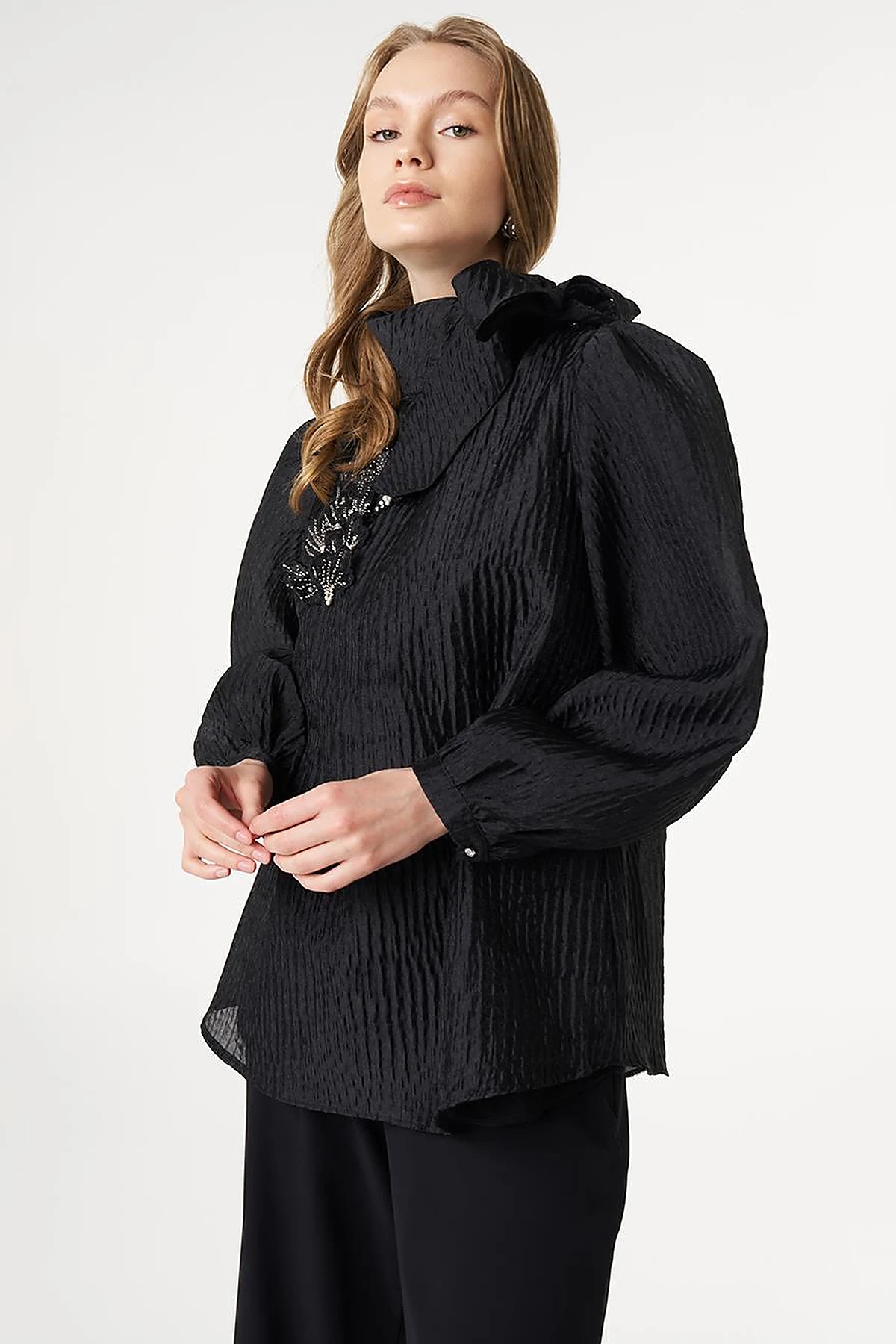 Embroidered Jacquard Blouse Black