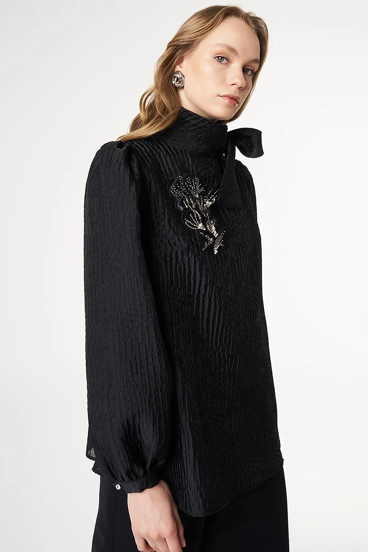 Embroidered Jacquard Blouse Black