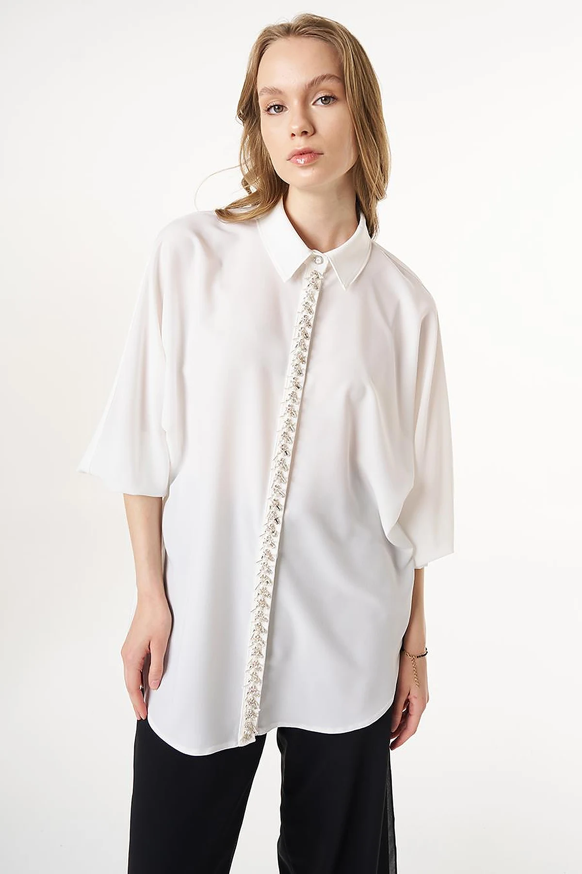 Placket Embroidered Shirt Collar Tunic Ecru