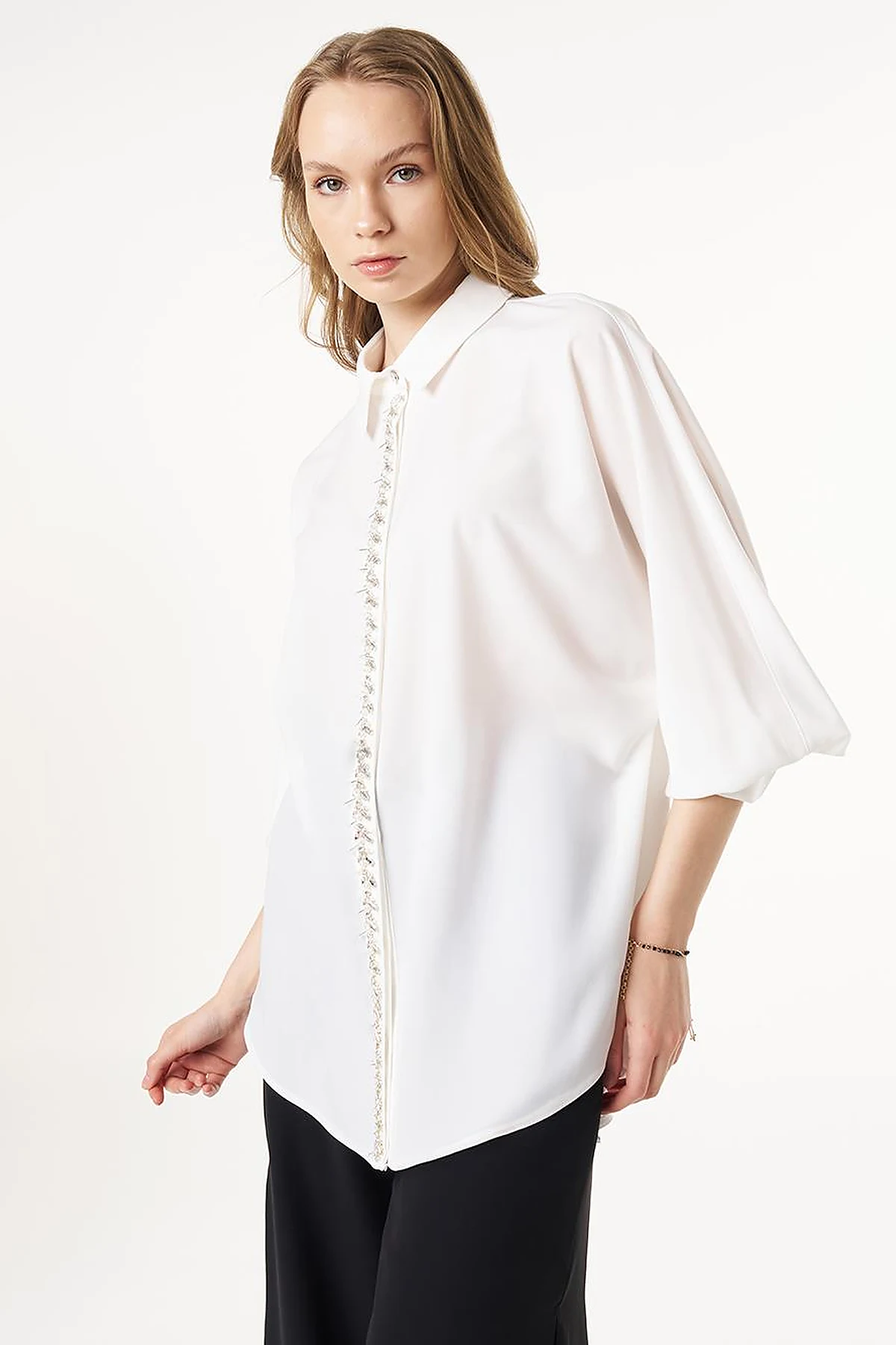 Placket Embroidered Shirt Collar Tunic Ecru