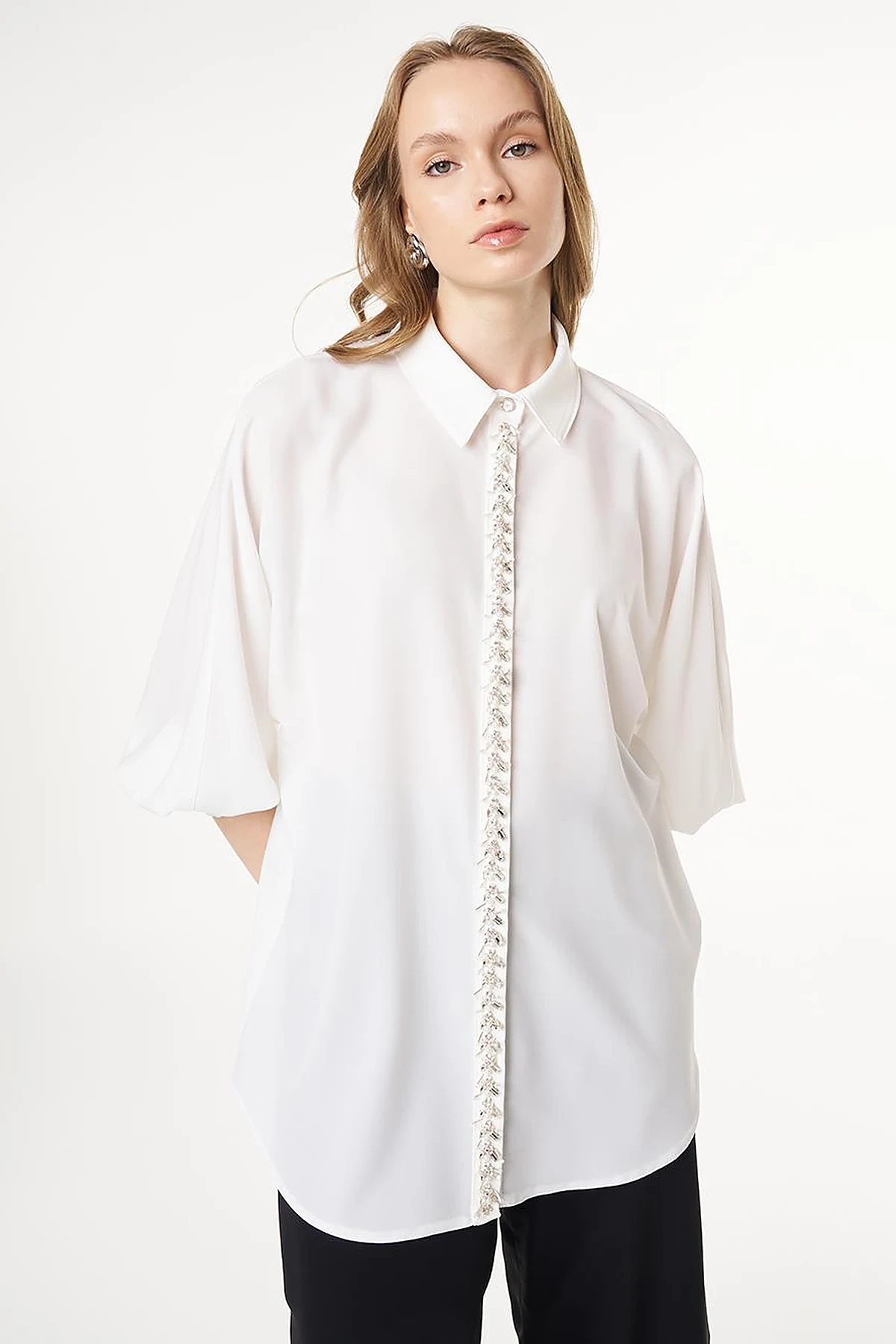 Placket Embroidered Shirt Collar Tunic Ecru