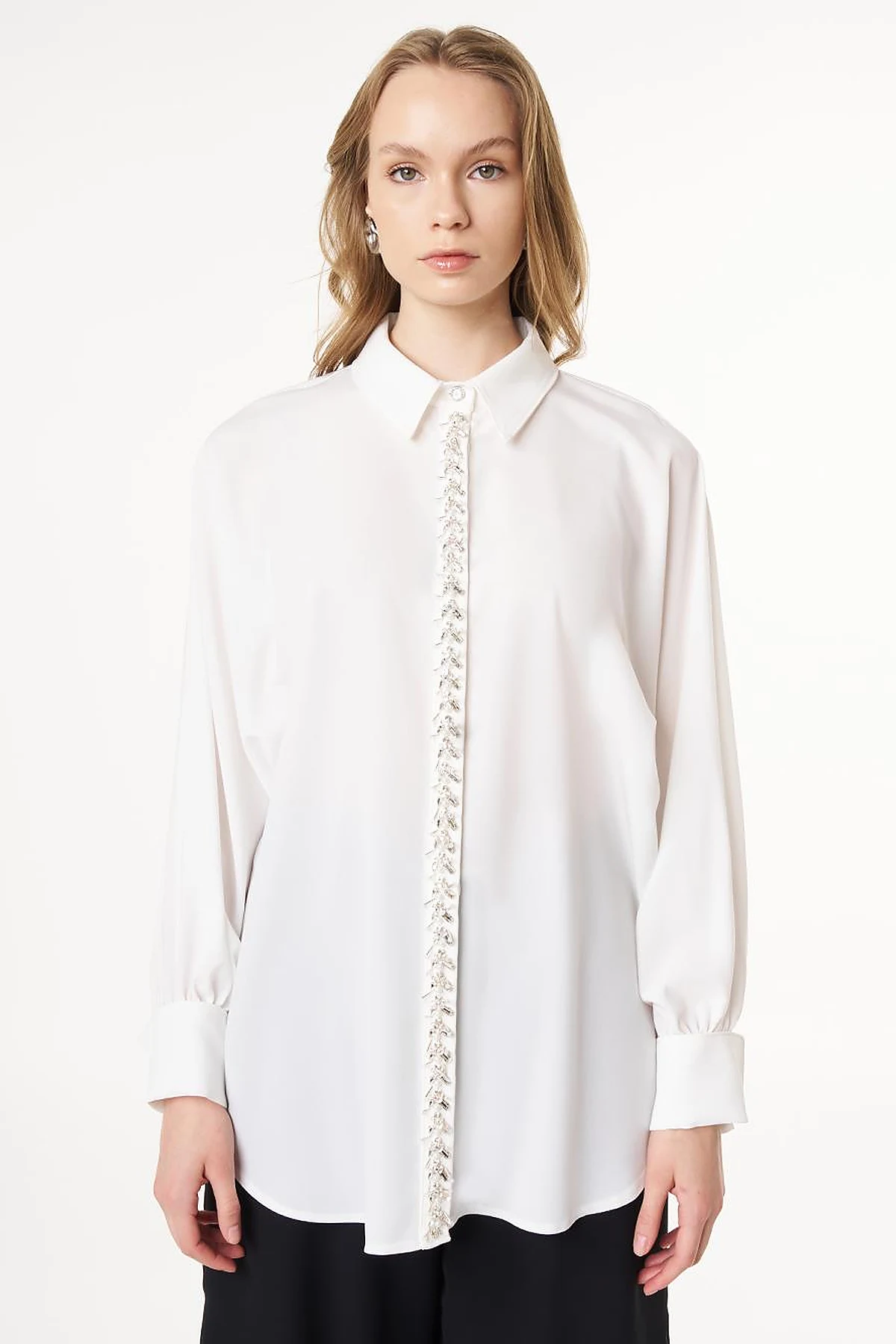 Placket Embroidered Shirt Collar Tunic Ecru
