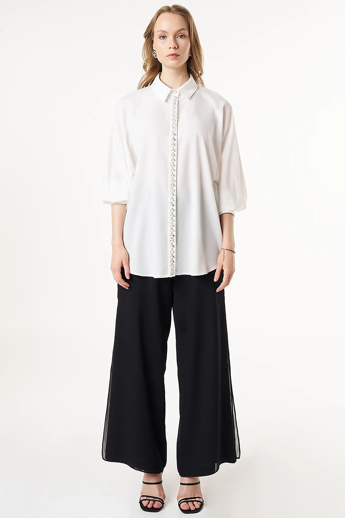 Placket Embroidered Shirt Collar Tunic Ecru