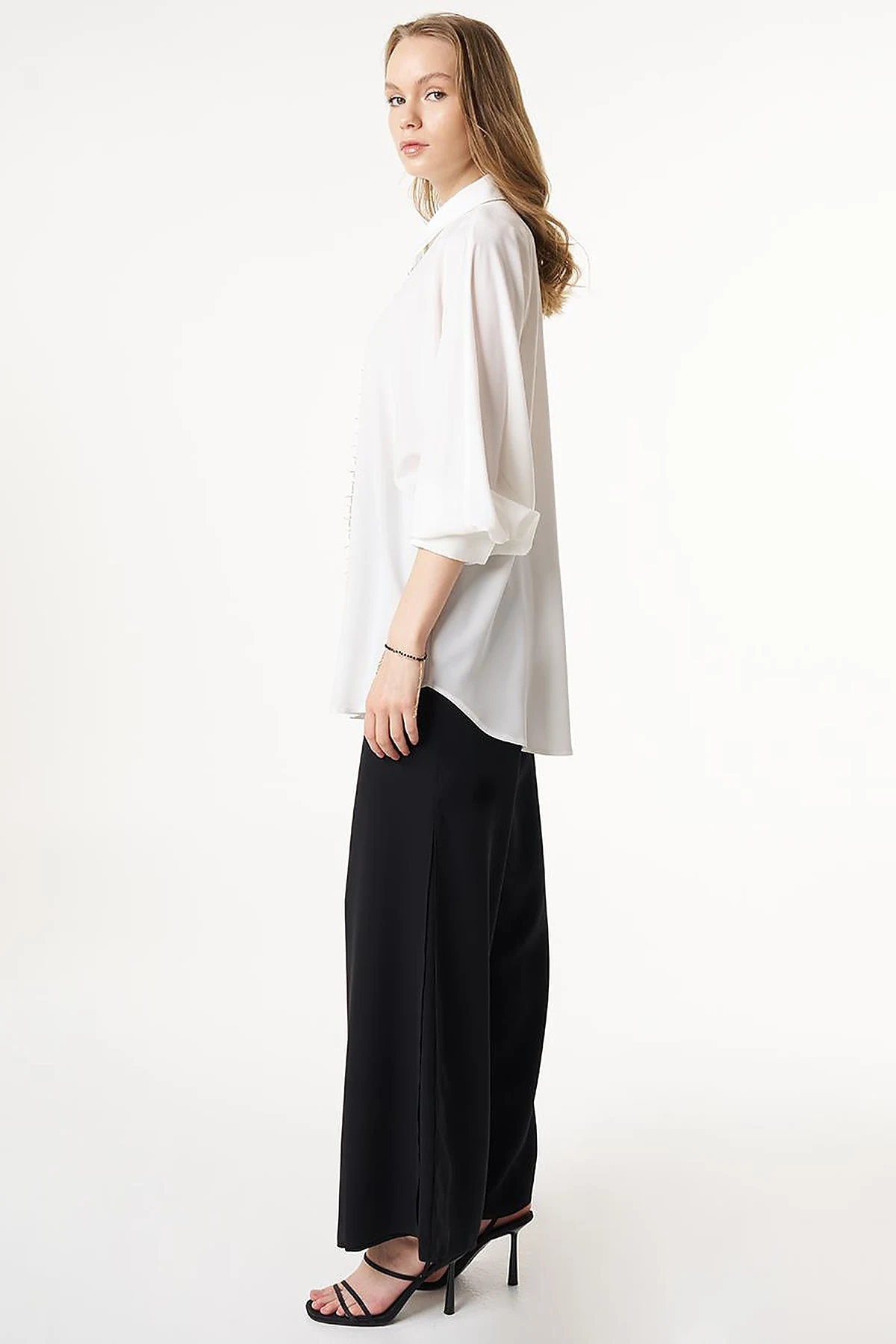 Placket Embroidered Shirt Collar Tunic Ecru