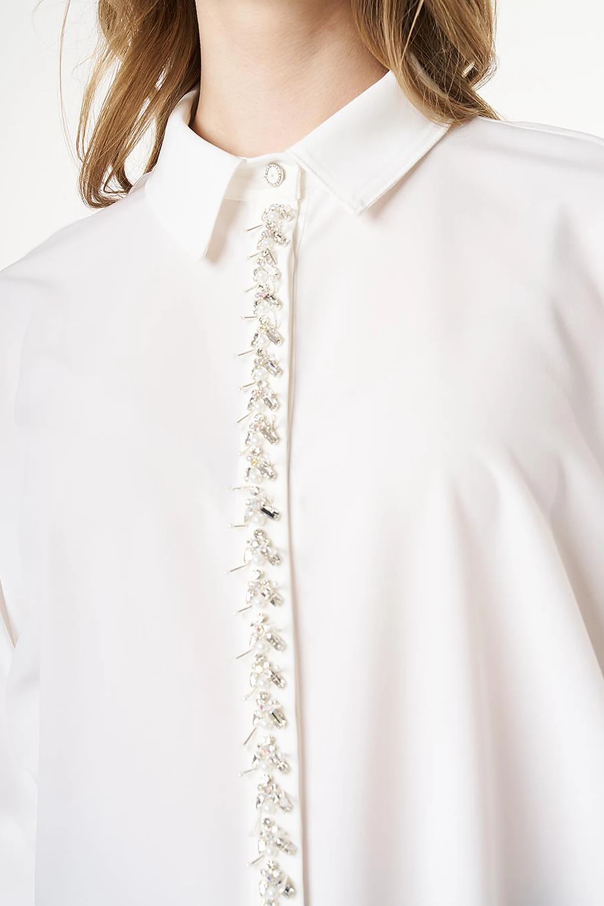 Placket Embroidered Shirt Collar Tunic Ecru
