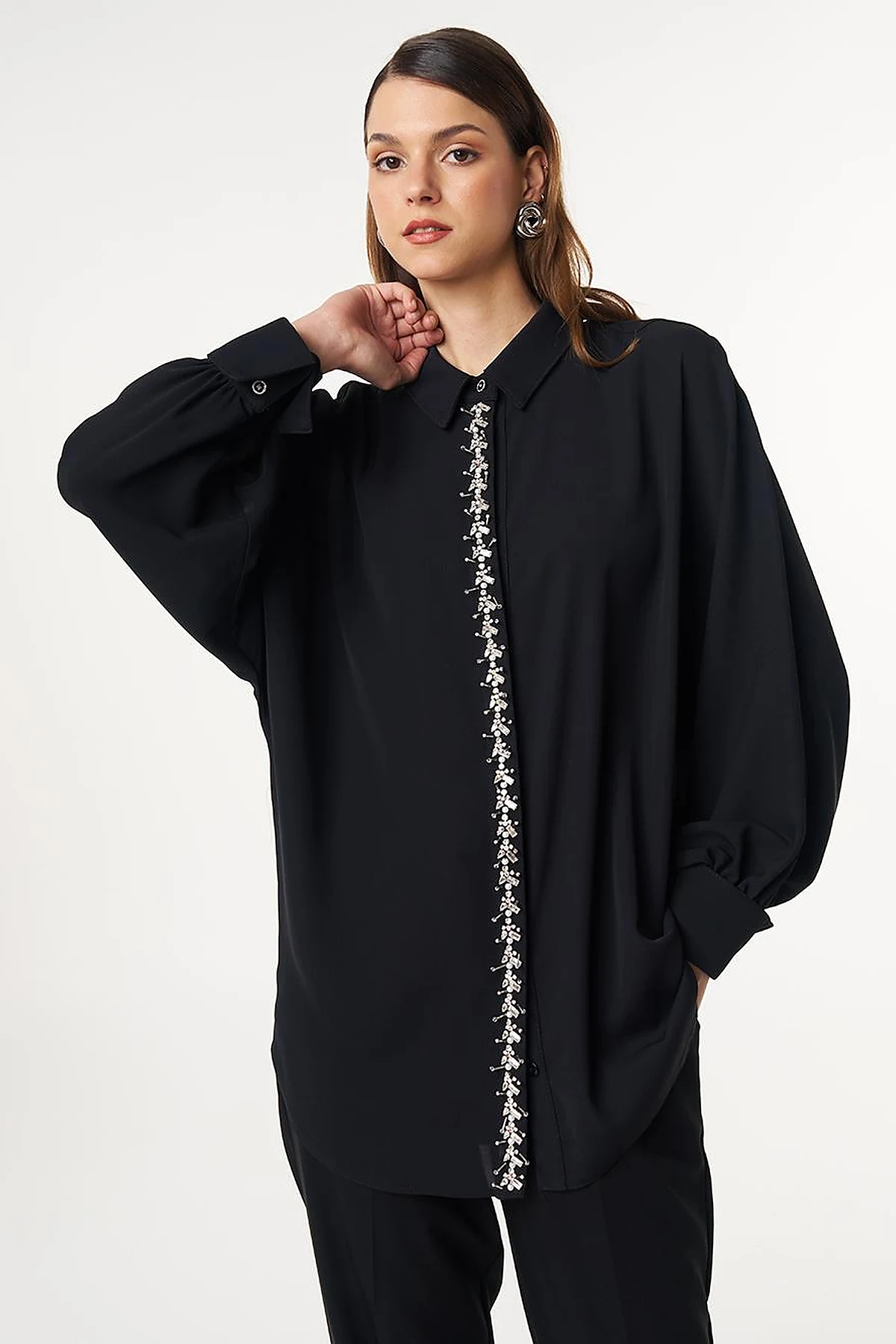 Placket Embroidered Shirt Collar Tunic Black