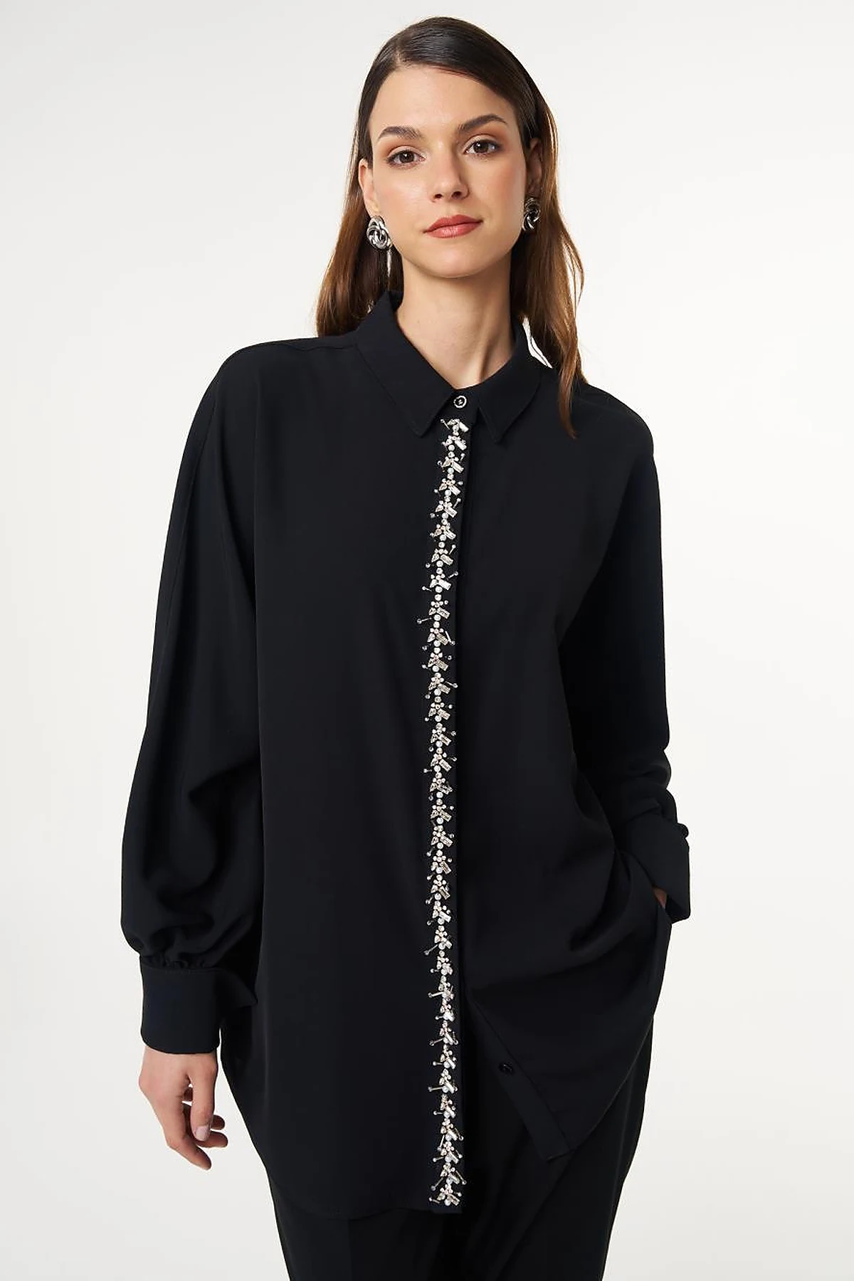 Placket Embroidered Shirt Collar Tunic Black