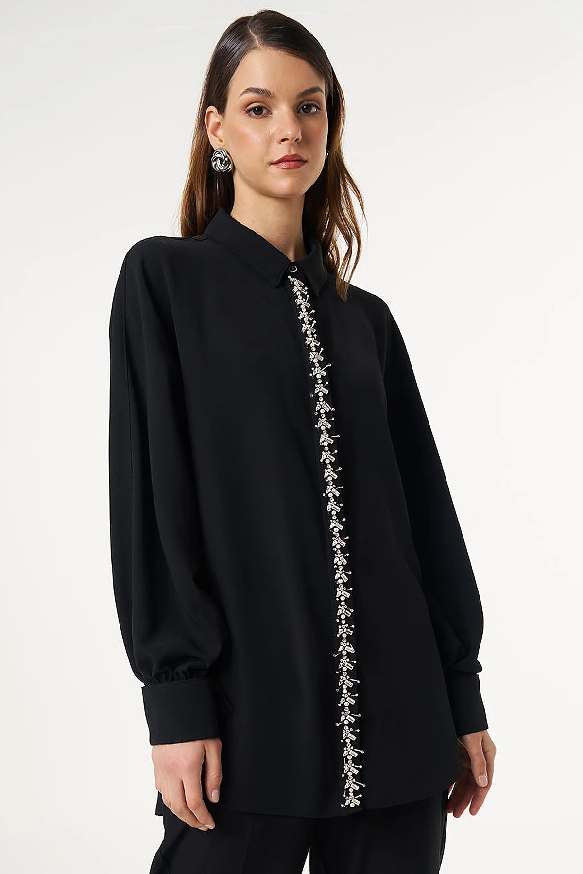 Placket Embroidered Shirt Collar Tunic Black