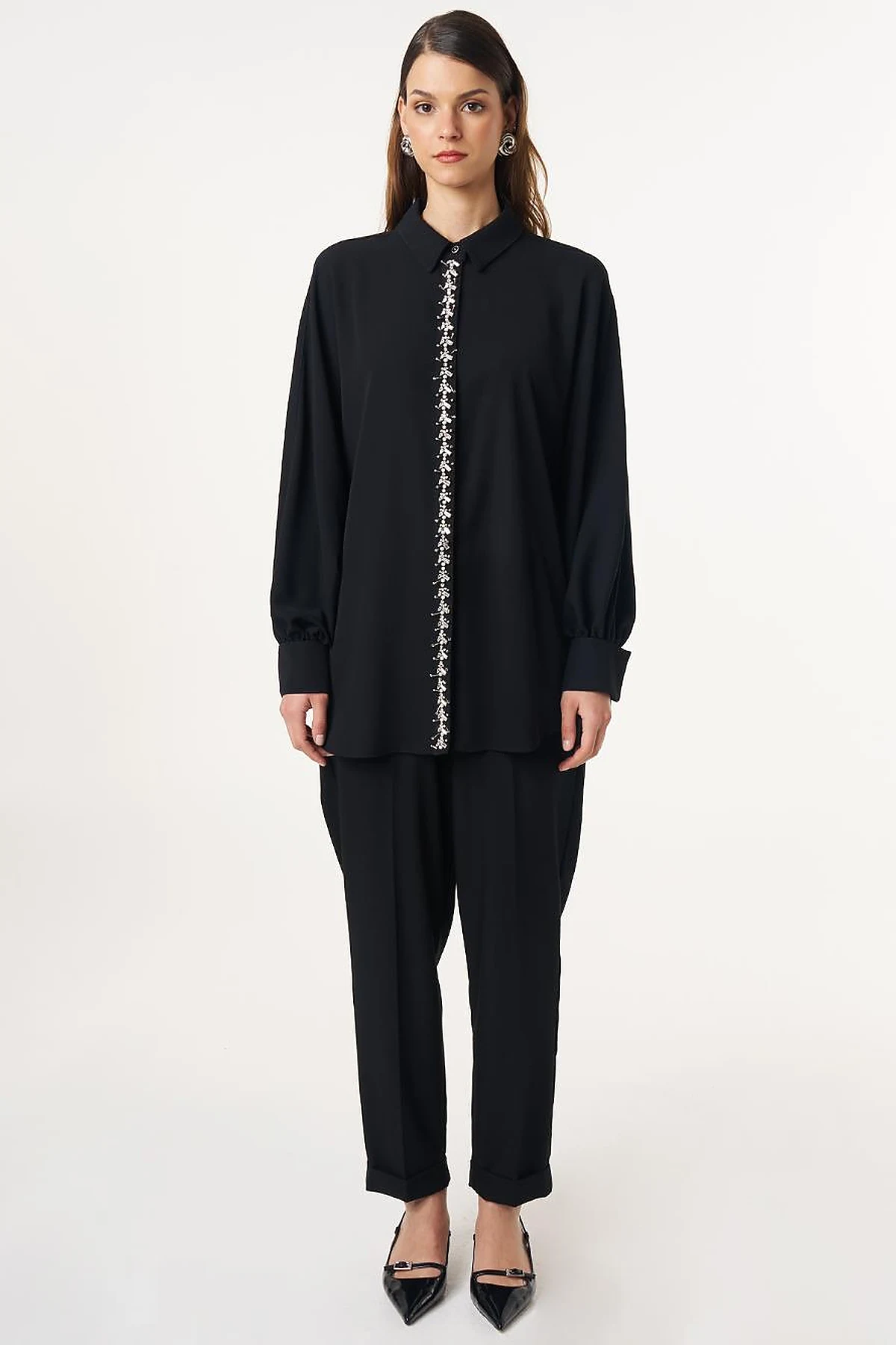 Placket Embroidered Shirt Collar Tunic Black