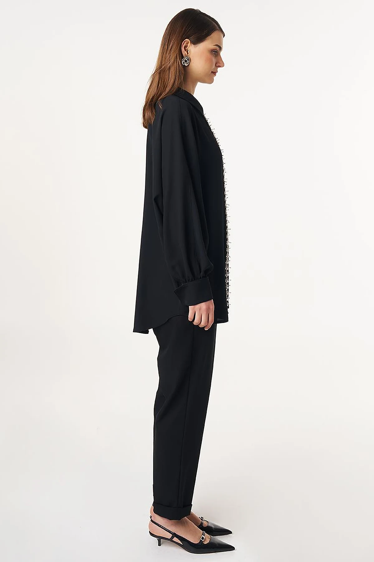 Placket Embroidered Shirt Collar Tunic Black