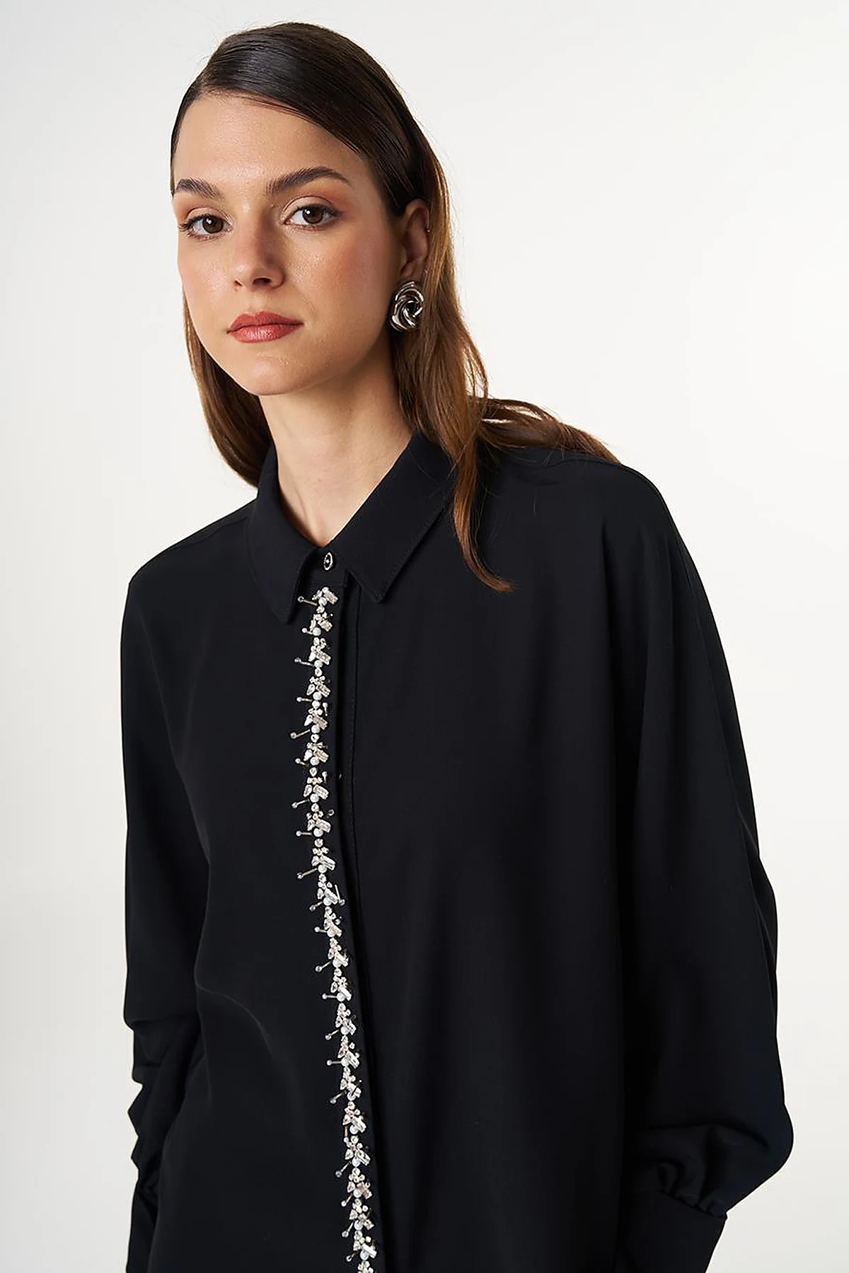 Placket Embroidered Shirt Collar Tunic Black