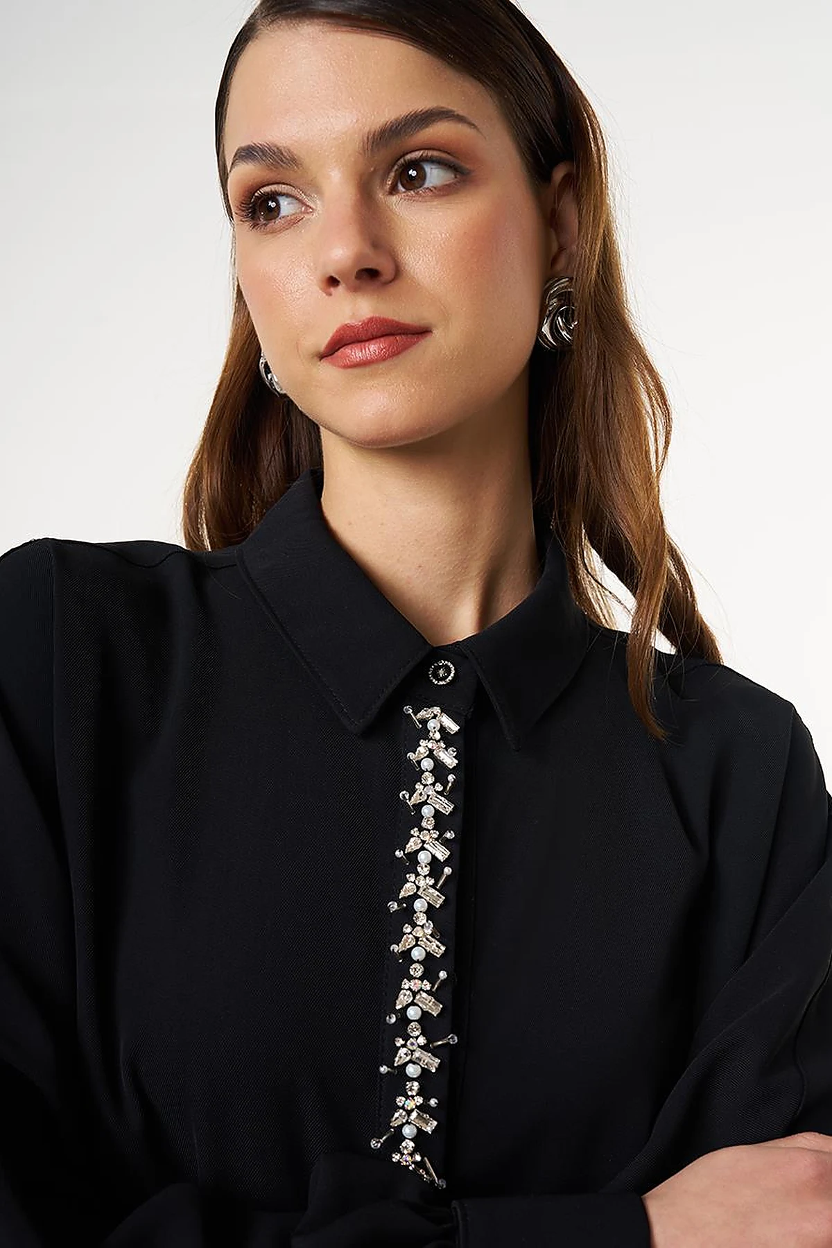 Placket Embroidered Shirt Collar Tunic Black