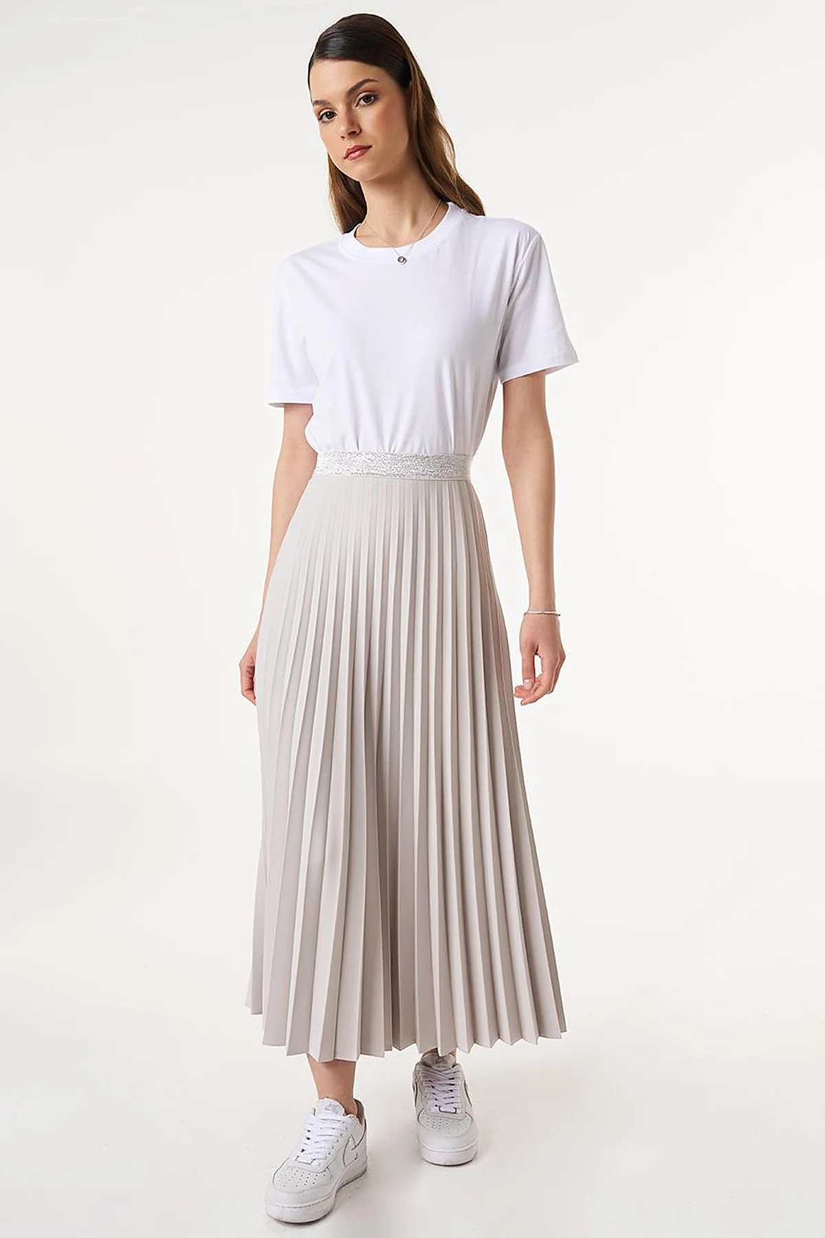 Pleated High Waist Skirt Light Gray