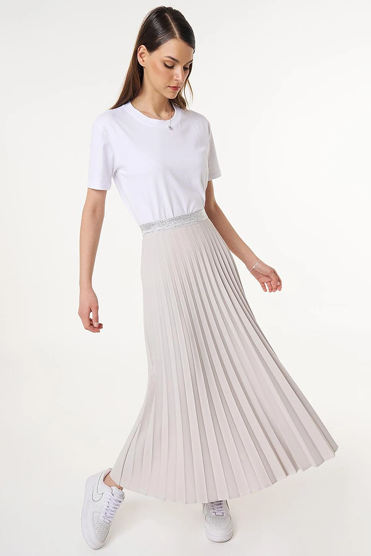 Pleated High Waist Skirt Light Gray